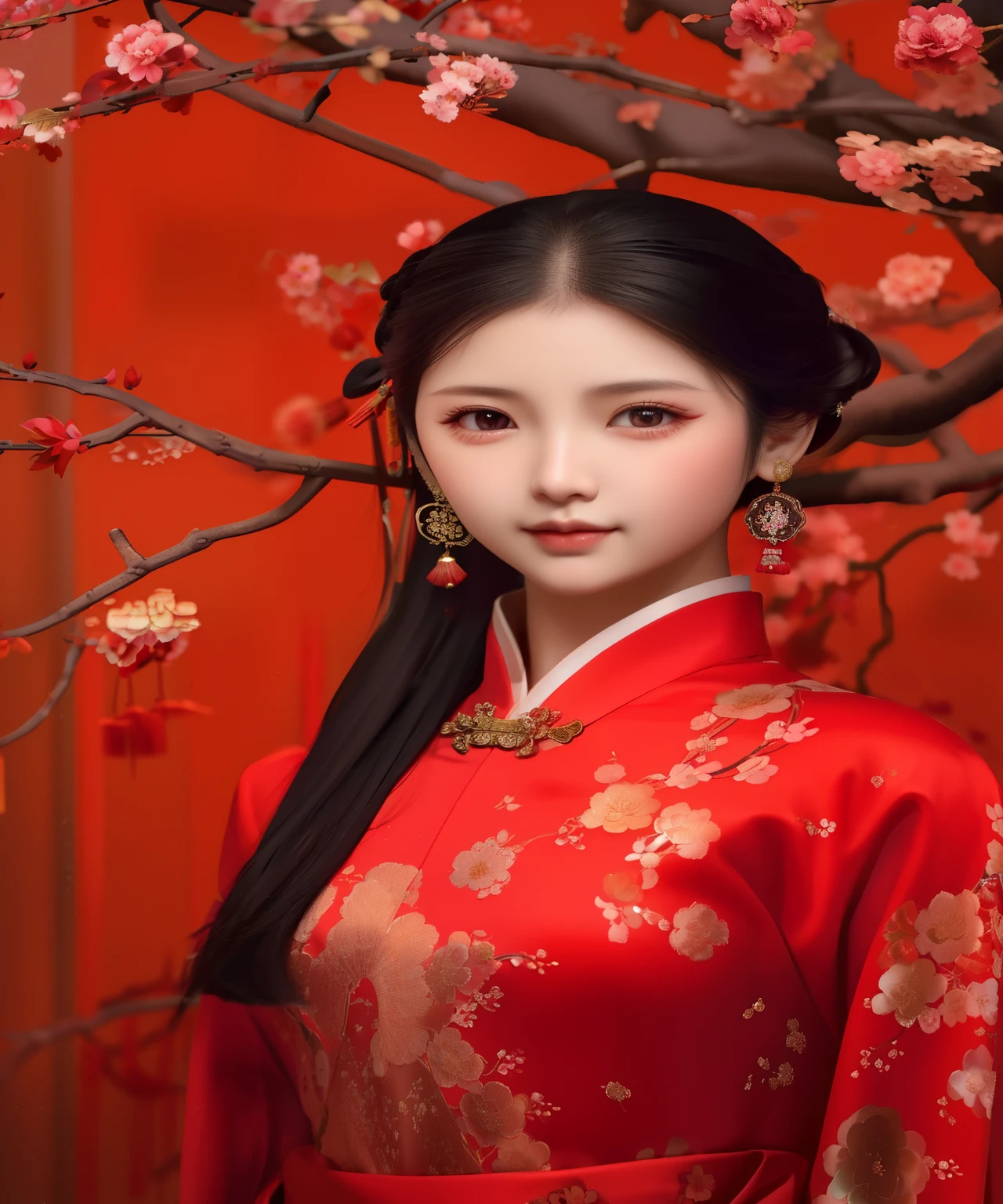 Close-up of a woman in a red dress standing in front of a tree, Chinese style, Wearing ancient Chinese clothing, traditional Chinese, chinese woman, palace ， a girl in Hanfu, traditional Chinese clothing, Chinese girl, chinese princess, ancient chinese beauties, 身穿红色cheongsam, Hanfu, cheongsam, Paired with ancient Chinese costumes，