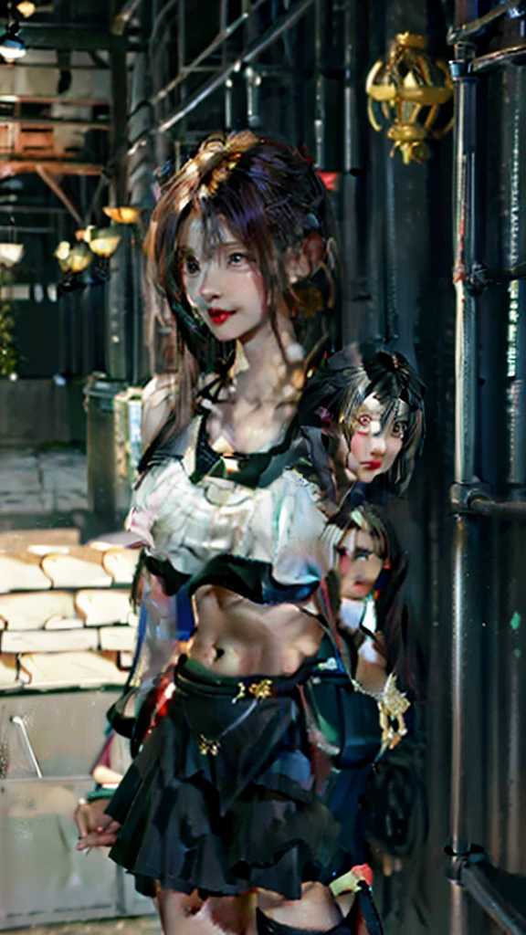 A gypsy with green eyes black hair, white blouse with gold medals and red skirt with ruffles, seashell necklaces.