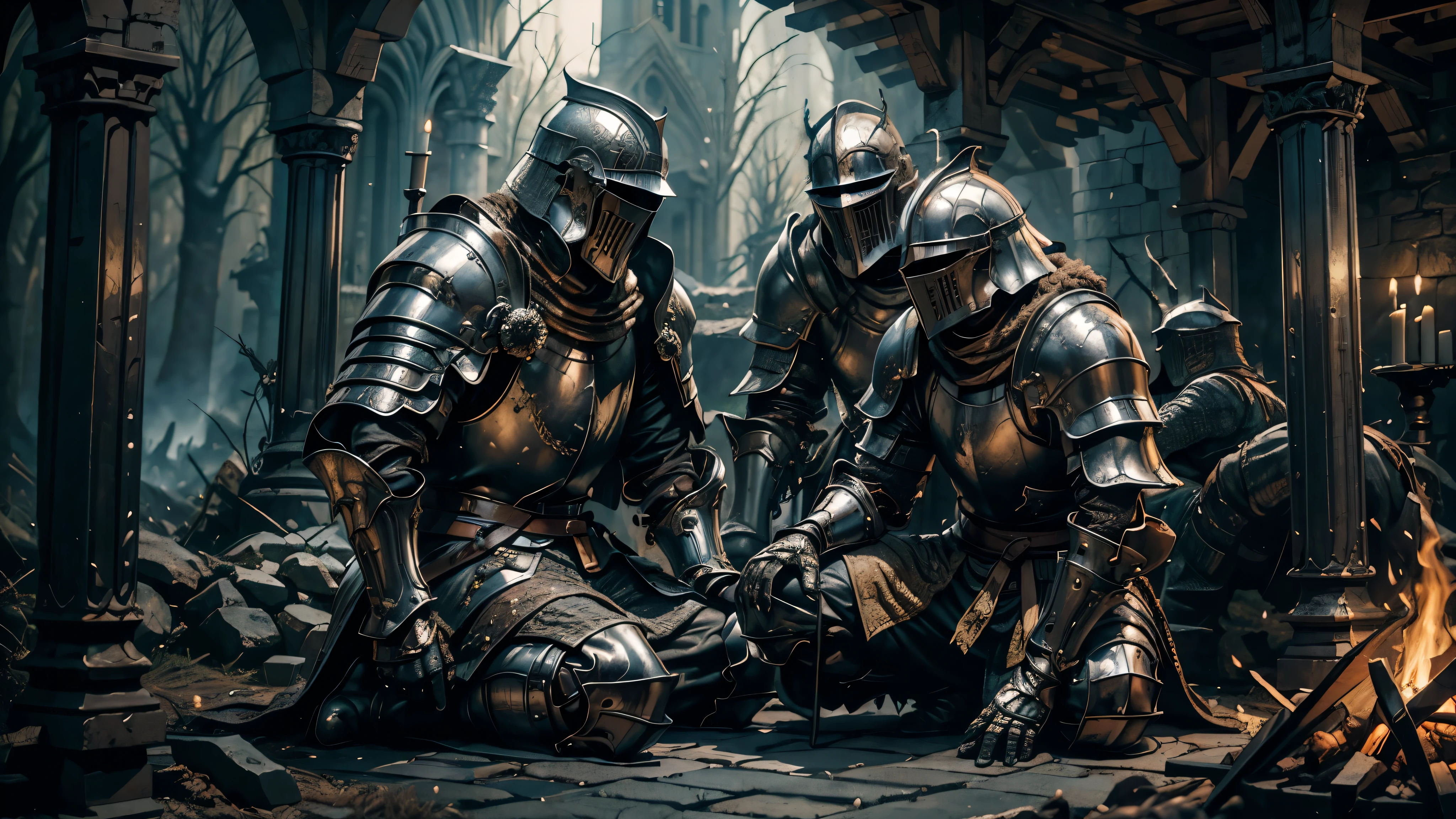 masterpiece:1.2),(best quality),(8K,HD), bonefire, near the medival castle, ((solo:1.5)), the knight in full knight armor sitting near the campfire, calm atmosphere, ground covered in slabs, royal black metal armor, dark souls style, dark fantasy, dark age atmosphere, cloudy day, art station contest winner, perfect reflection