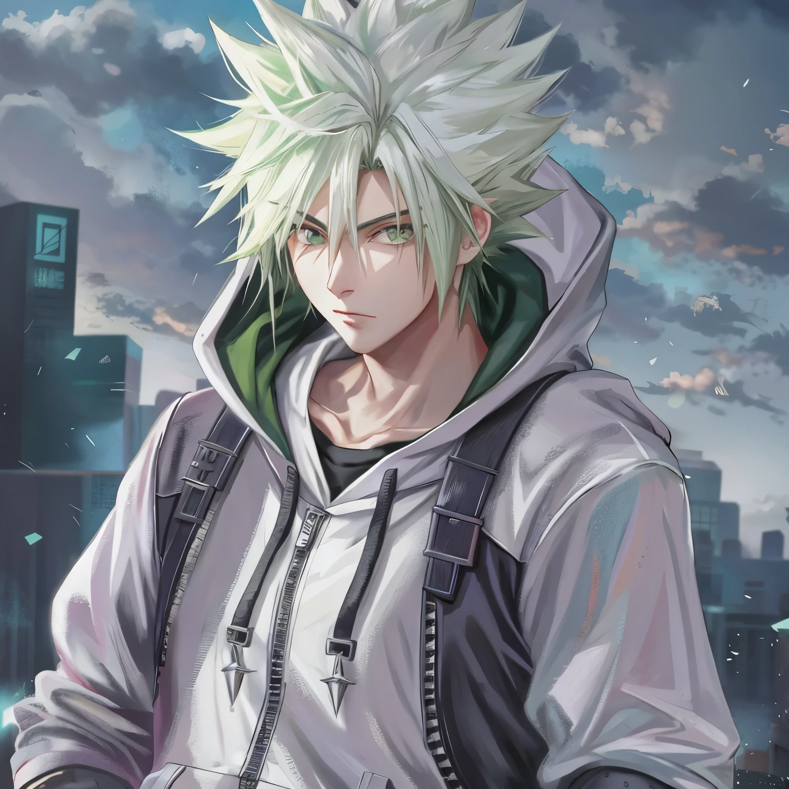 Anime,black Hair,Green Hoodie,Cloud Strife,Gaming,Spike Hair,Human,Male,Young,