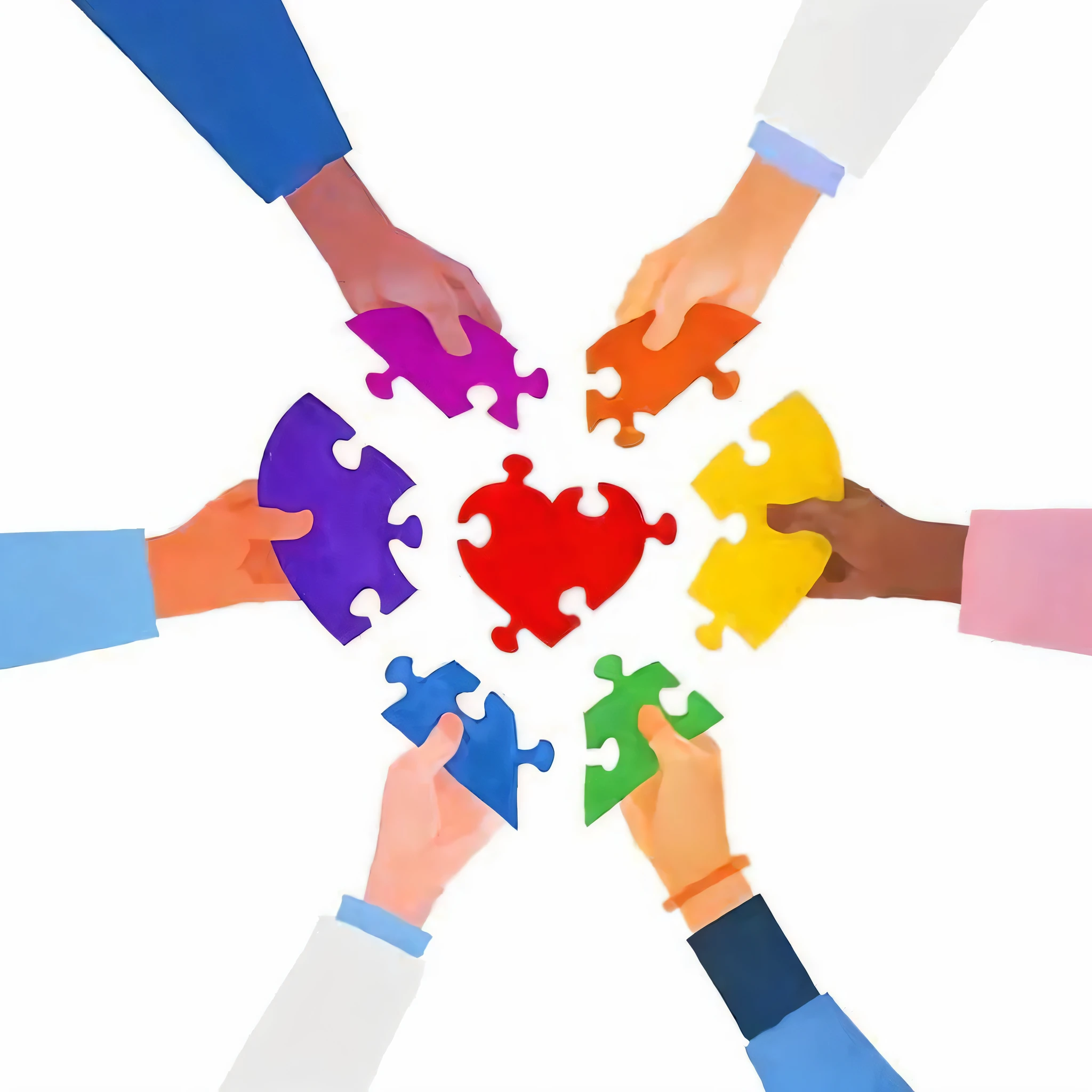 a group of people holding puzzle pieces in a circle, bringing people together, a harmonious integration, integration, puzzle, no gradients, collaboration, collaborative, connected to heart machines, love peace and unity, logo without text, forming a heart with their necks, a jigsaw puzzle, by Matija Jama, connectedness, together, close together, amazingly composed image