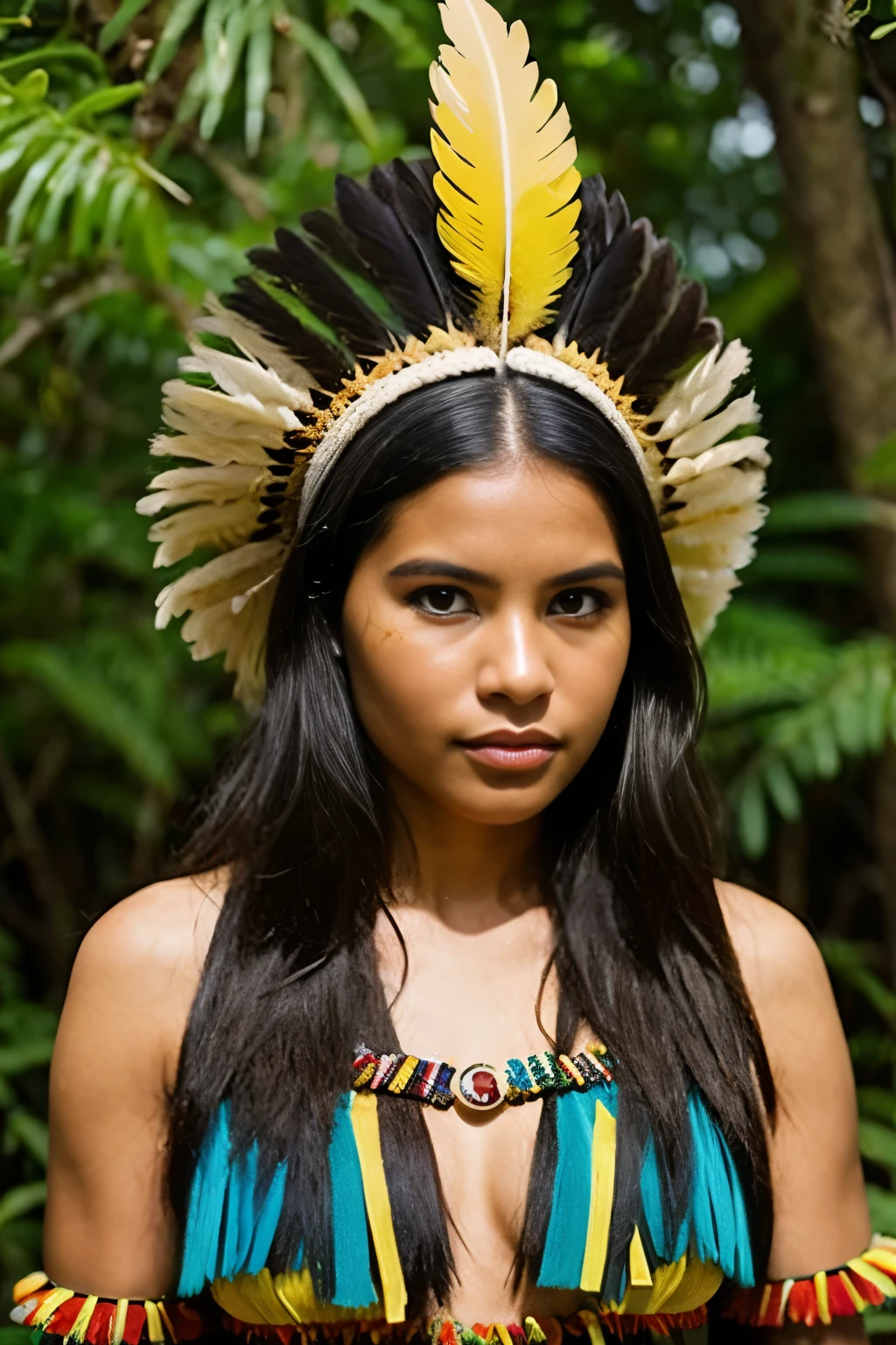 ((Foto CRU, melhor qualidade)), (Realista, fotorrealista:1.2). A beautiful indigenous girl in native costume with feathers and feathers on her head, Amazonian indigenous peoples in Brazil, linda jovem feminina brasileira nativa, Yanomami Indian in typical costumes,alta qualidade. amazon forest background.