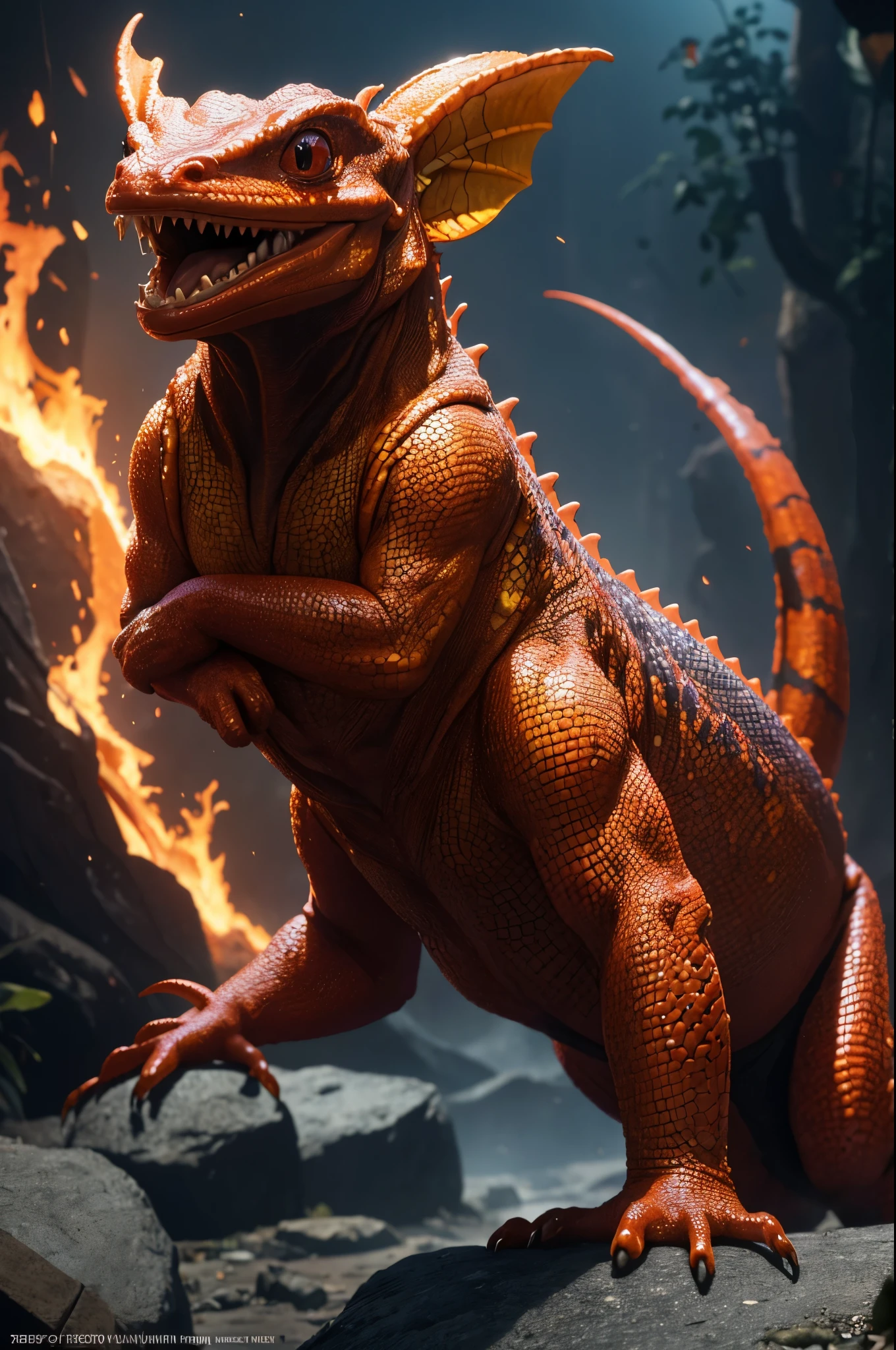 8K,fire fairy quadrupedal reptile salamander,red spirit reptile,A small-bodied reptilian spirit,wrap yourself in fire,wasteland,masterpiece,Photorealistic RAW photos of the highest quality。bright colors,rich colors, Backlight, cinematic lighting, film grain, to be born, 50mm lens, Nikon D850,detailed character art,fantasy art,ultra high resolution,Super realistic,smile,view audience,fantasy,beautiful expression,view audience,fire elemental quadrupedal reptile,