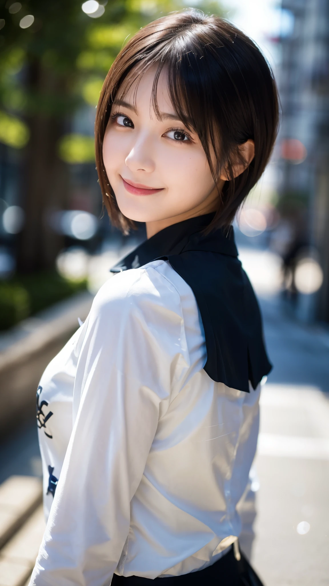 (highest quality,masterpiece:1.3,ultra high resolution),(Super detailed,caustics,8k),(photorealistic:1.4,RAW shooting),1 girl,(look at the camera with a smile),side shot,20-year-old,cute,Japanese,black hair short cut,long sleeve blouse,big ,bust up shot,street,face focus,Natural light,Backlight,Lens flare,professional writing