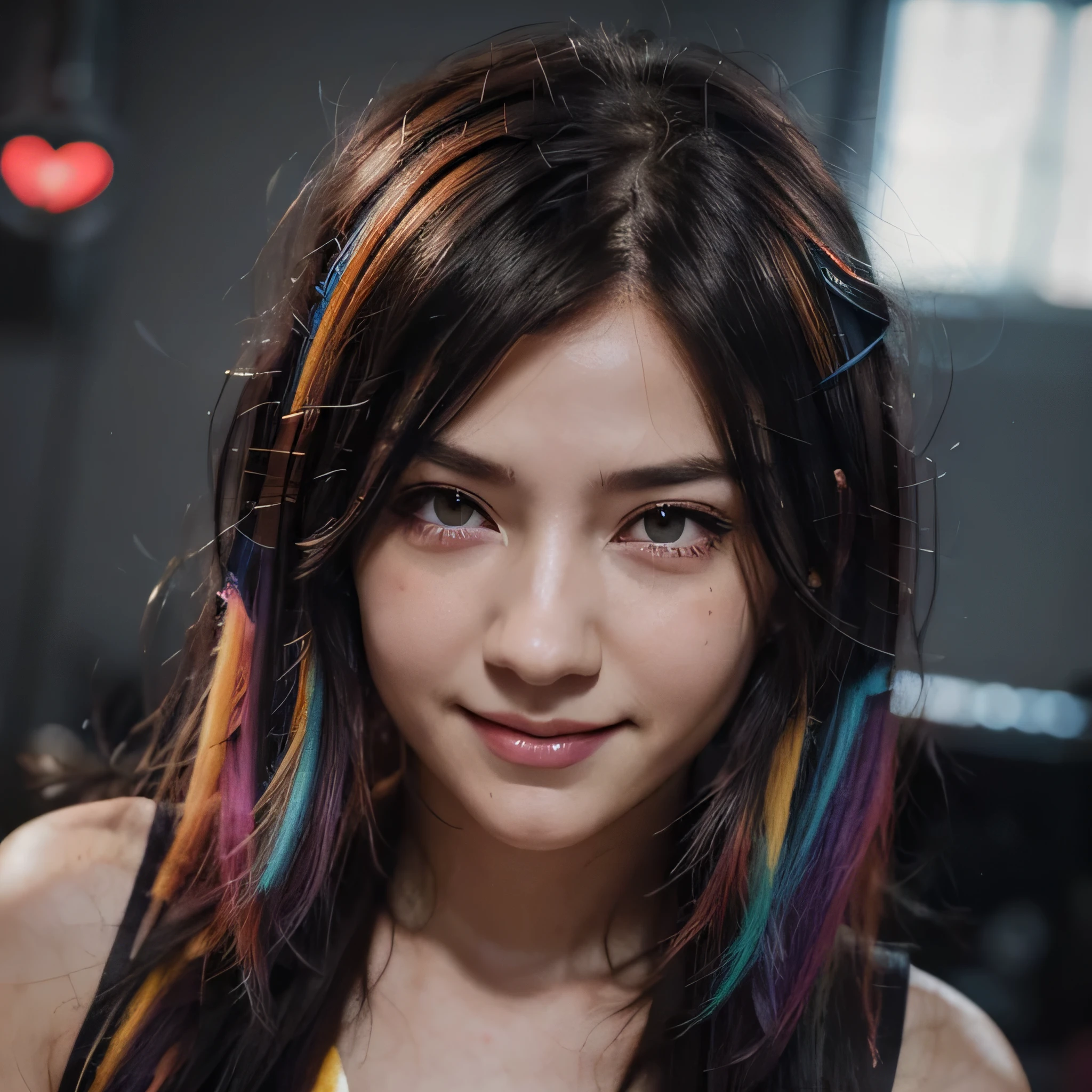 black hair, long eyelashes, light smile, tusk, striated hair, multicolored hair, colored inner hair, red hair, hair clip, mole under eyes, incompatible pupils, empty eyes, empty eyes, dilated pupils, heart-shaped pupils, smiling, shadow, anaglyph, depth of field, motion blur, brightness, color field painting, anime style, 8k, super detail, best quality, UHD, 8k