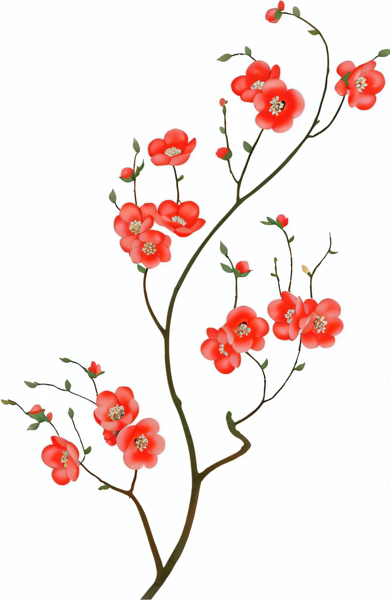 there is a red flower that is on a branch, plum blossom, japanese related with flowers, red blooming flowers, chinese painting style, red flowers, flowers and stems, japanese flower arrangements, flowing sakura-colored silk, chinese style, flower blossoms, by Asai Chū, chinese art, decorative flowers, chinese style painting, celestial red flowers vibe