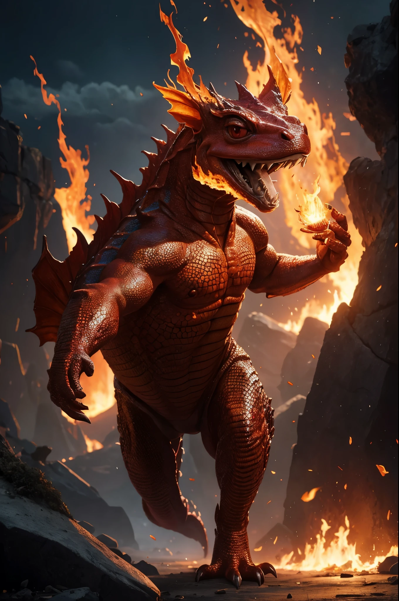 illustration style art, inside of a volcanic cavern, scaleborn [lizard body:(mouse face:1.15)] fire creature standing on a lava pit and flexing muscles, fire eyes, (googles:1.05), highly detailed, concept art, smooth, sharp focus, illustration, art by Carney Griffiths and Vadim Kashin