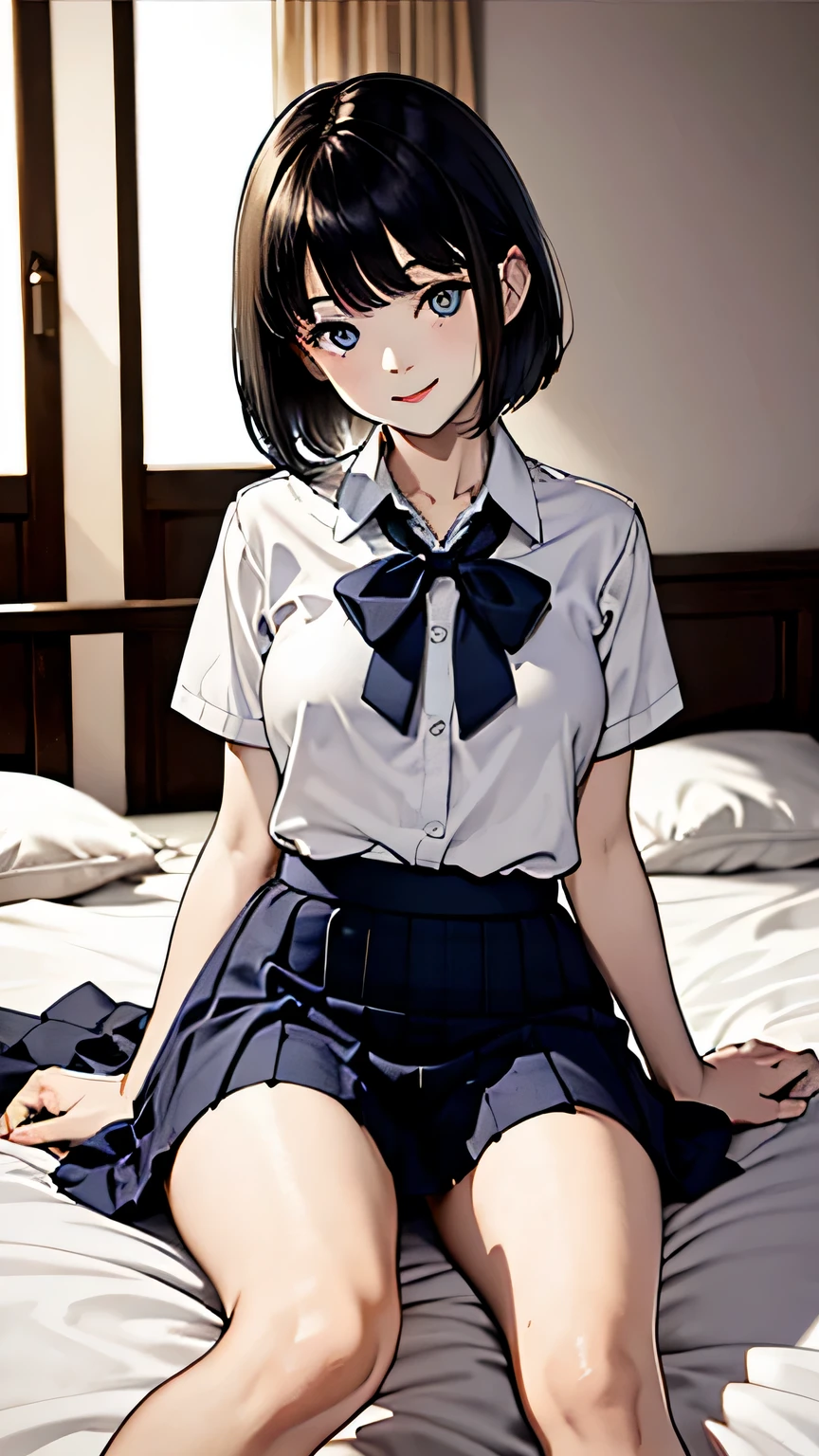 topless,white shirt over naked , open clothes, show off your nipples ,navy blue check skirt lift,white lace panty starpiece, high quality,Not NSFW, genuine, 15 year old beautiful Japanese girl,looking at camera, black hair, bangs, Fair skin, thin eyebrows, bob hair, big breasts, A presence that is out of this world, shy smile,lie in bed,school uniform