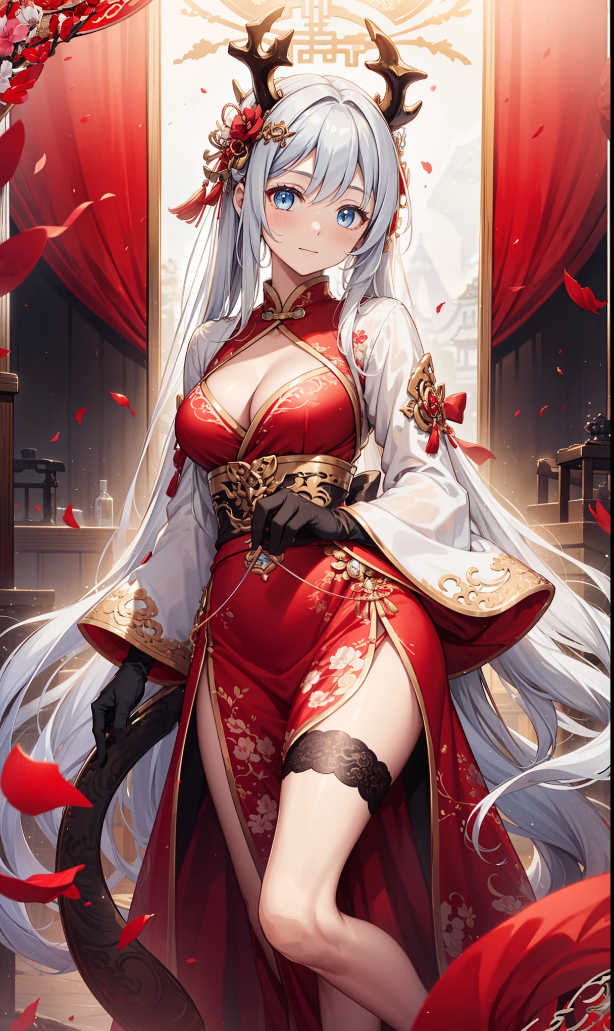 View from top left , Long hair, white hair, red eyes , Age 20 , best qualityer，tmasterpiece，Ultimate resolution，downy，Extremely colorful，Cheongsam beauty，A MILF，on cheongsam，Sitting cross-legged on the shrine，Collar，Anklets，high-heels，high-heels，Correct posture
