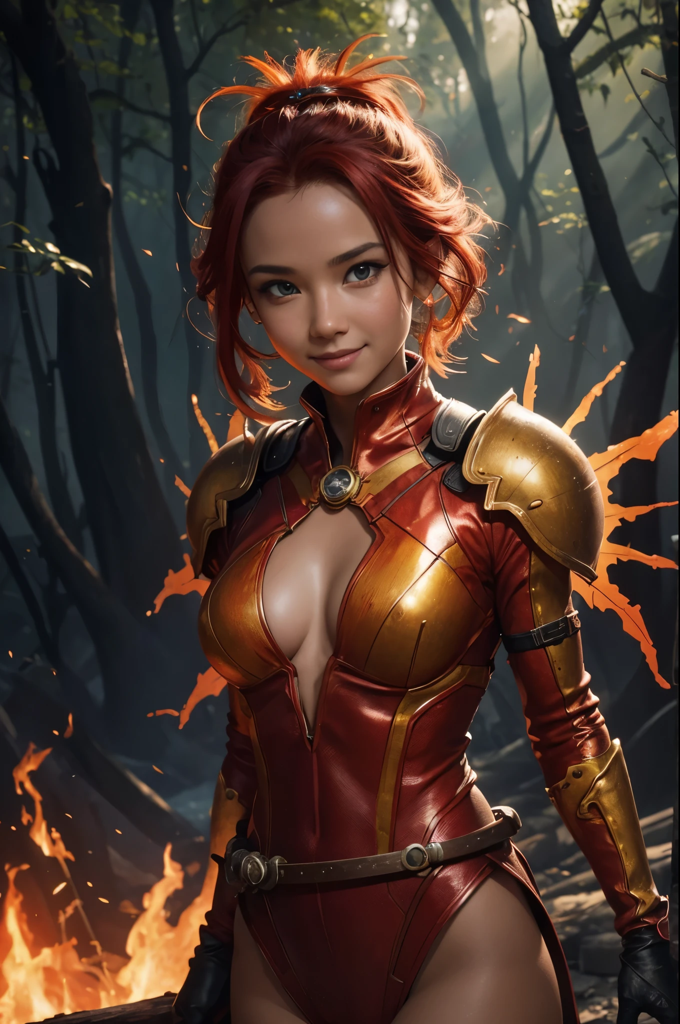8K,fire fairy salamander,bright red spirit costume,A small-bodied reptilian spirit,wrap yourself in fire,wasteland,masterpiece,Photorealistic RAW photos of the highest quality。bright colors,rich colors, Backlight, cinematic lighting, film grain, to be born, 50mm lens, Nikon D850,detailed character art,fantasy art,ultra high resolution,Super realistic,smile,view audience,fantasy,beautiful expression,view audience,