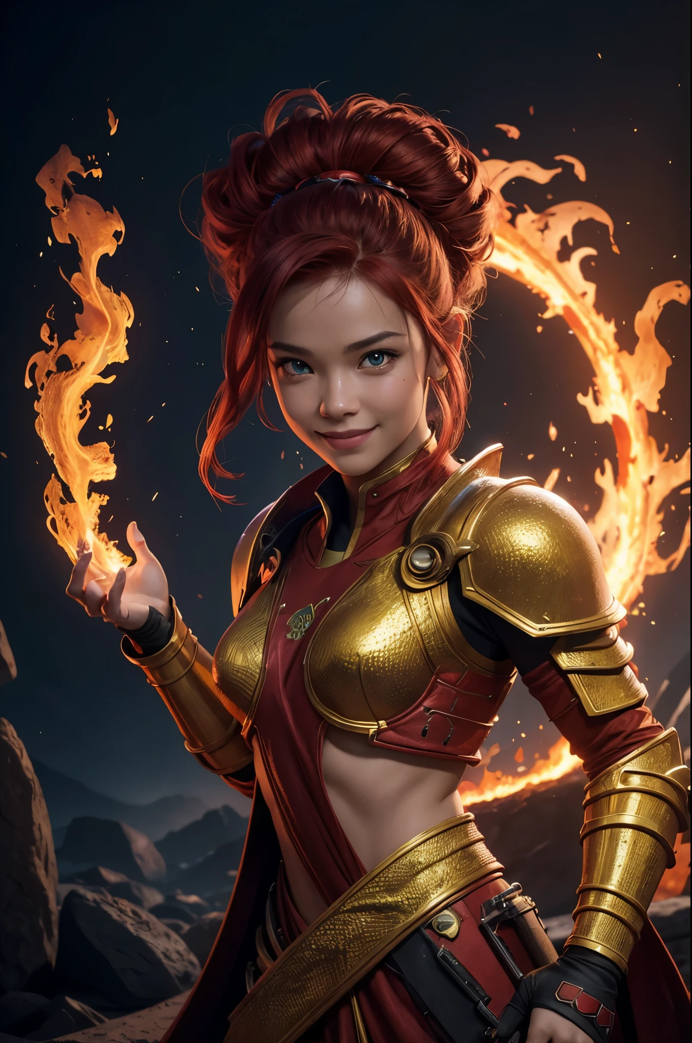 8K,fire fairy salamander,red spirit reptile,A small-bodied reptilian spirit,wrap yourself in fire,wasteland,masterpiece,Photorealistic RAW photos of the highest quality。bright colors,rich colors, Backlight, cinematic lighting, film grain, to be born, 50mm lens, Nikon D850,detailed character art,fantasy art,ultra high resolution,Super realistic,smile,view audience,fantasy,beautiful expression,view audience,