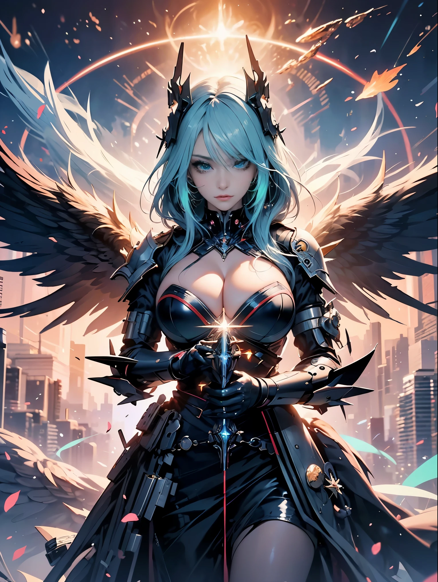 (masterpiece, top quality, best quality, official art, beautiful, cosmic, atmospheric, psychedelic, dreamlike, swirling psychedelic cosmic graffiti patterns,,aesthetic:1.2), (1girl, neon green hair, mecha, beautiful, sexy, beautuful highly detailed hooded mecha battle armor, mecha angel wings, tons of tattoos and piercings, super huge enormously gigantic tits, cleavage showing), extreme detailed,(fractal art:1.3),colorful,highest detailed, cherry blossoms blowing in the wind