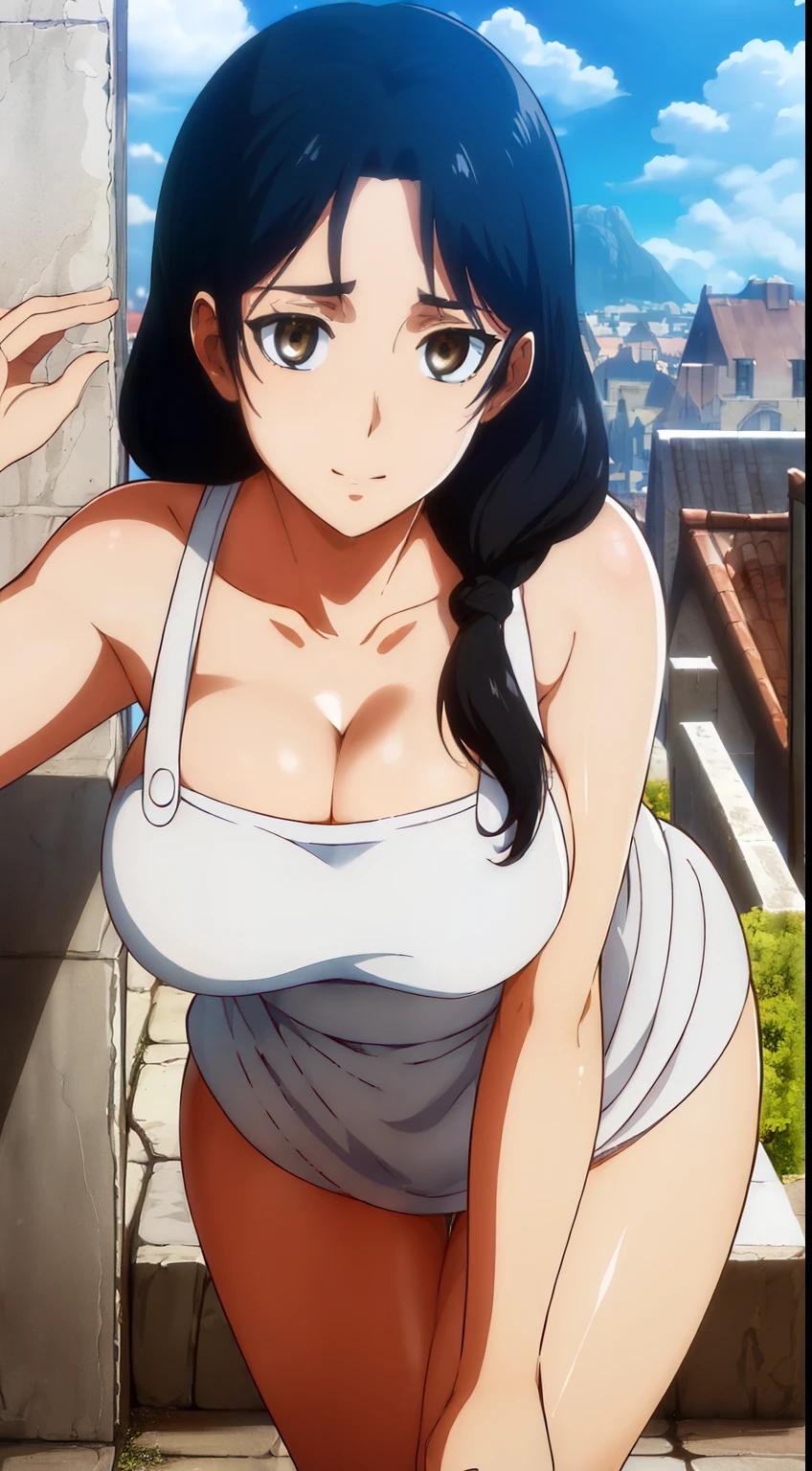 (day:1.7), a city with a lot of buildings and a sky background with clouds in the background and a blue sky, architecture,
Standing at attention, at the roof,
deep cleavage, collarbone, White apron,bare shoulders, 
black Hair,  brown eyes, Bangs, single braid, 
1 girl, 20yo,Young female,Beautiful Finger,Beautiful long legs,Beautiful body,Beautiful Nose,Beautiful character design, perfect eyes, perfect face,expressive eyes,
looking at viewer, ,(close-Up),(Focus on her face),
official art,extremely detailed CG unity 8k wallpaper, perfect lighting,Colorful, Bright_Front_face_Lighting,shiny skin, 
(masterpiece:1.0),(best_quality:1.0), ultra high res,4K,ultra-detailed,
photography, 8K, HDR, highres, absurdres:1.2, Kodak portra 400, film grain, blurry background, bokeh:1.2, lens flare, (vibrant_color:1.2)
(Beautiful,large_Breasts:1.4), (beautiful_face:1.5),(narrow_waist), legs, underwear 