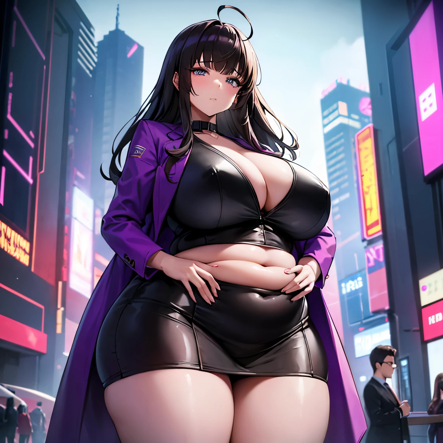 A cute and beautiful brunette cyberpunk girl, she has very wide hips and disproportionately thick thighs, she has small and breasts, she is wearing professional attire, she has long legs, she is wearing a purple suit coat and a black blouse and a long purple skirt, her belly is distended, she has a very fat figure, she is very debu debu