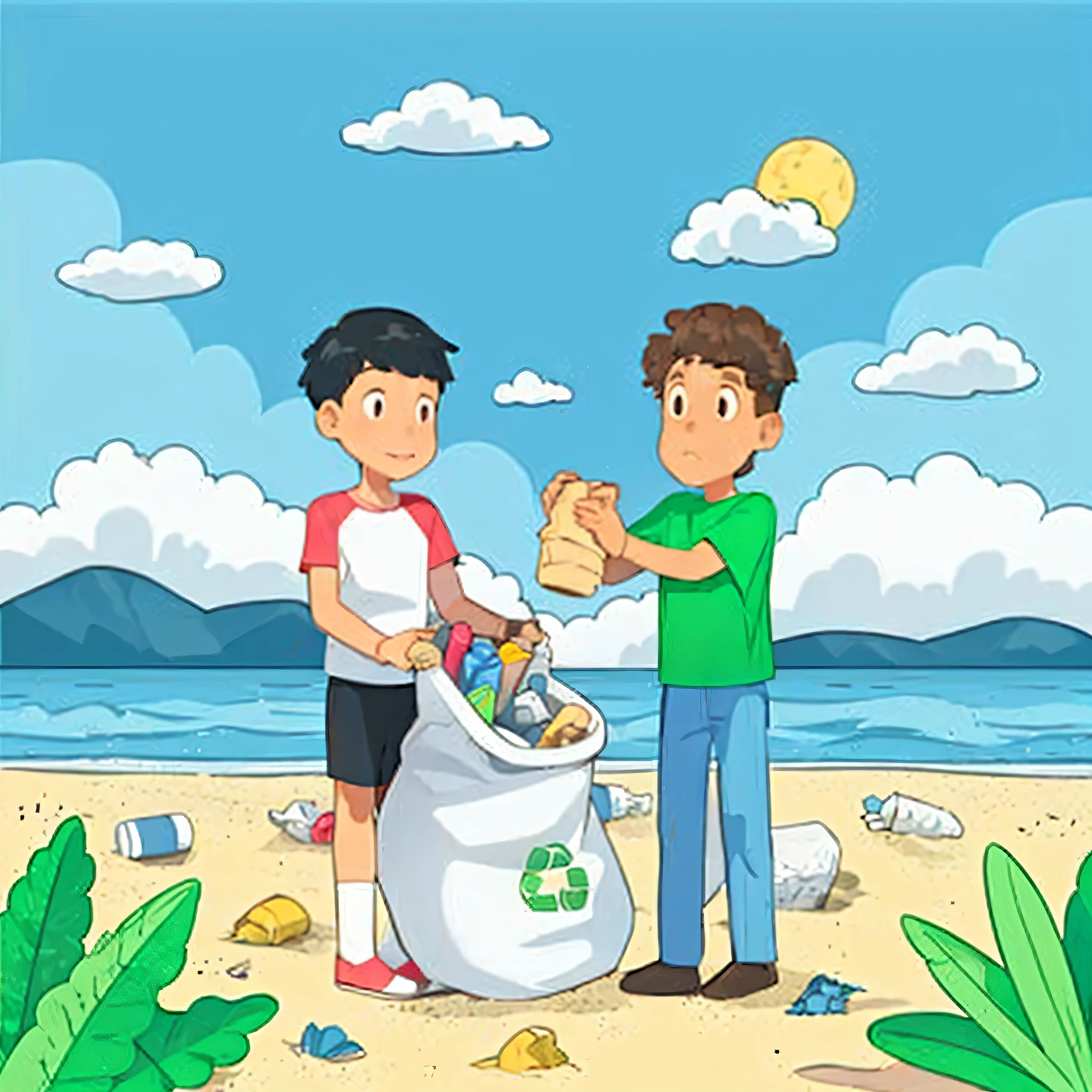 two boys are collecting garbage on the beach, clean environment, colored illustration, garbage plastic, people in beach, flat illustration, plastic waste, cartoon style illustration, clean image, littered with garbage, clean coloring book page, colorful illustration, cartoon illustration, avatar for website, proffesional illustration, color illustration, simple illustration, clean and neat, commercial illustration