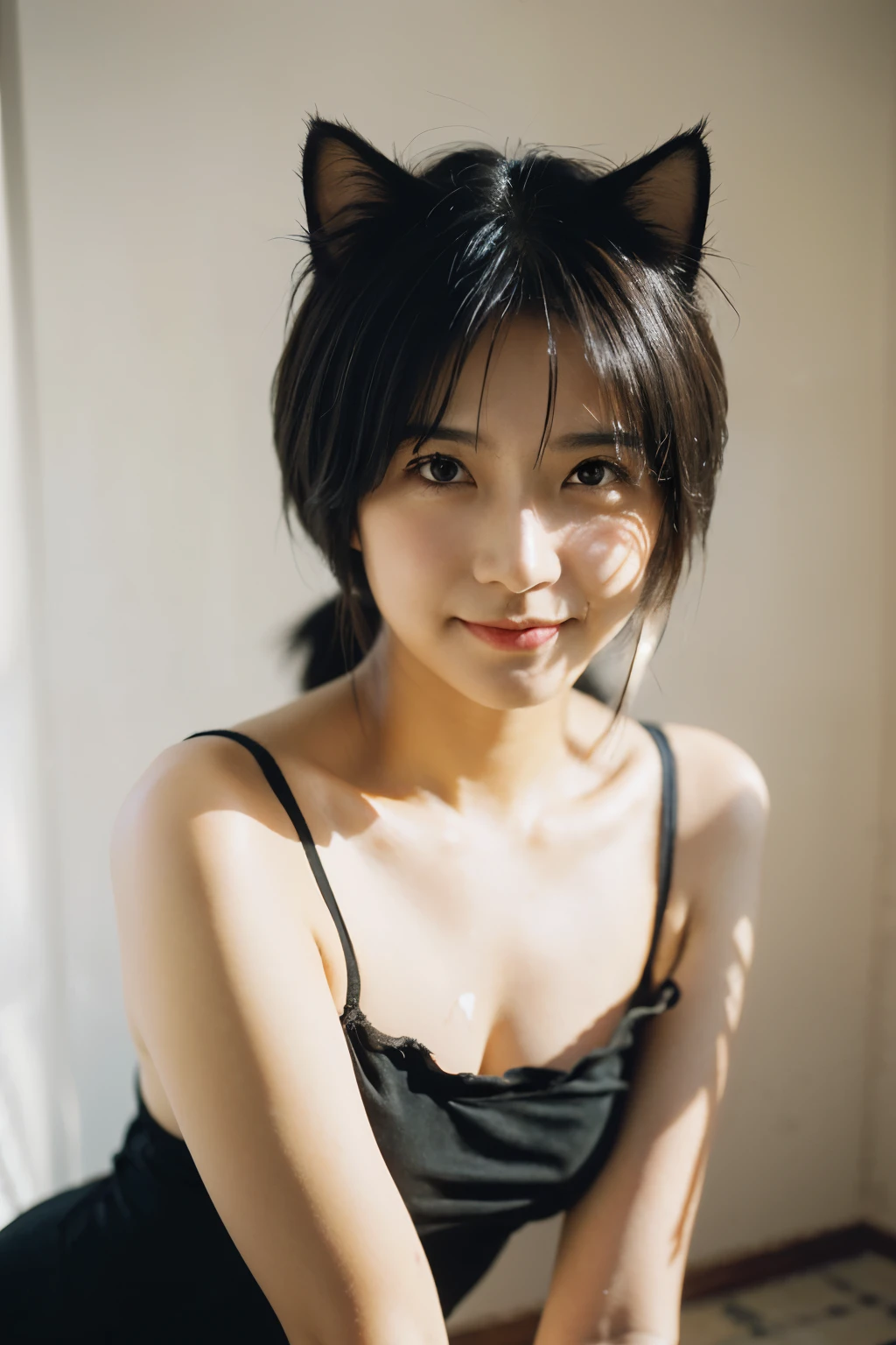 Best Quality, Masterpiece, Ultra High Resolution, (Realistic: 1.4), Original Photo, Official Art, Wallpaper, Bust Photo, Skin, Simple Background, Black Eyes, Details, 1 Girl, Cat Ear Costume, Cat Girl Pose, Breeze, Sunshine, Shy Face, Water Mist, Studio Light,