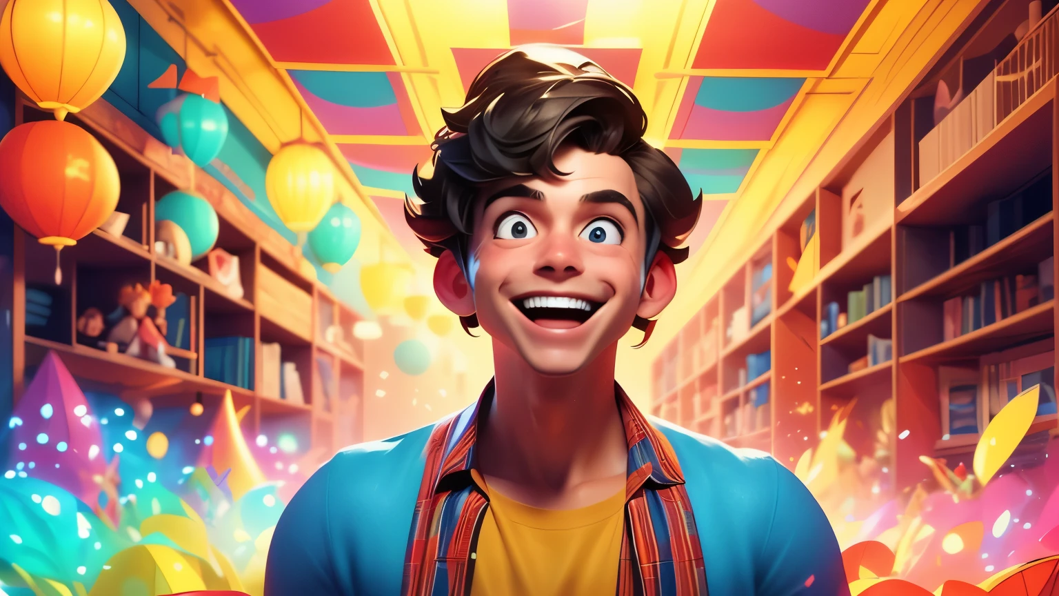 Handsome Young American man standing, beautiful background of a hall, 3D Cartoon Vision, vibrant colors, comic style, portrait, playful expressions, lively background, detailed facial features, joyous atmosphere, bright lighting, exaggerated features. [Playful] [Lively background] [Detailed facial features] [Joyous atmosphere] [Bright lighting] [Exaggerated features]