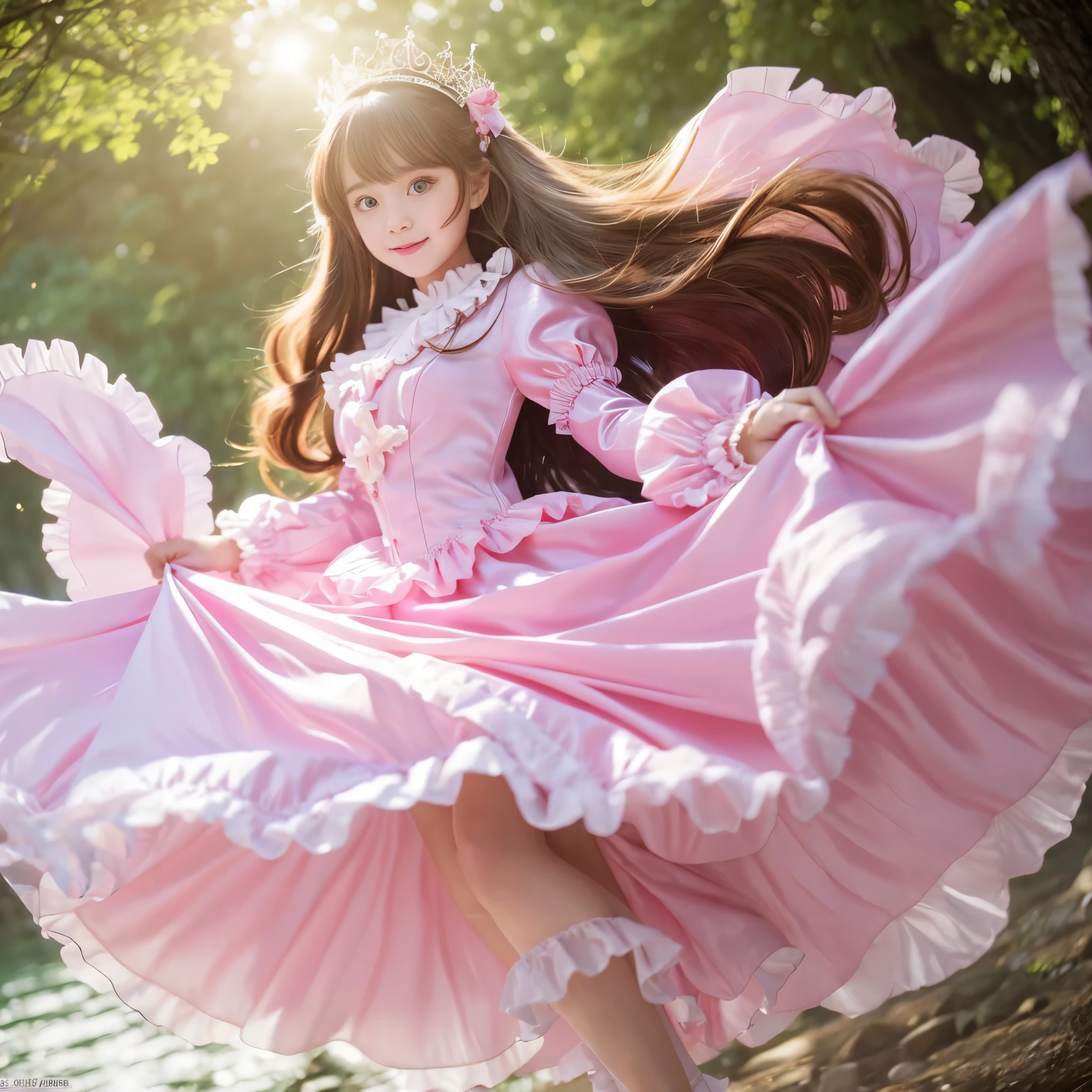,highest quality, masterpiece, highest resolution, artwork, super それにget used to it, many get used to it, get used to it, それにget used to it, 3K realistic photos,,((10 year old little girls)),Super detailed baby face,both are princesses,Full length ball gown dress with hoop skirt,ruffled yoke collar,Detailed braided ribbon on chest,puff sleeves,long sleeve,((Lolita style hot pink detailed princess satin dress、Comes with lots of frills and ribbons。)),crazy&#39;colorful fashion,shiny silk satin dress,soft and smooth silk satin fabric,luxury,Very long blonde hair,blue eyes,white skin european,pajamas,((Outside the palace)),Princess dancing happily,gorgeous flowing dress,fine white frills and lace,Super long hair that is as tall as your body,the princess is running