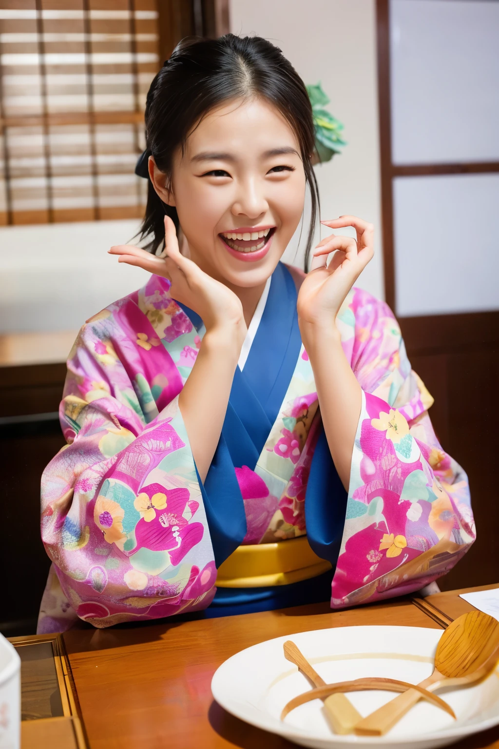 ((highest quality)), ((table top)), (be familiar with), perfect face,kimono,laughter