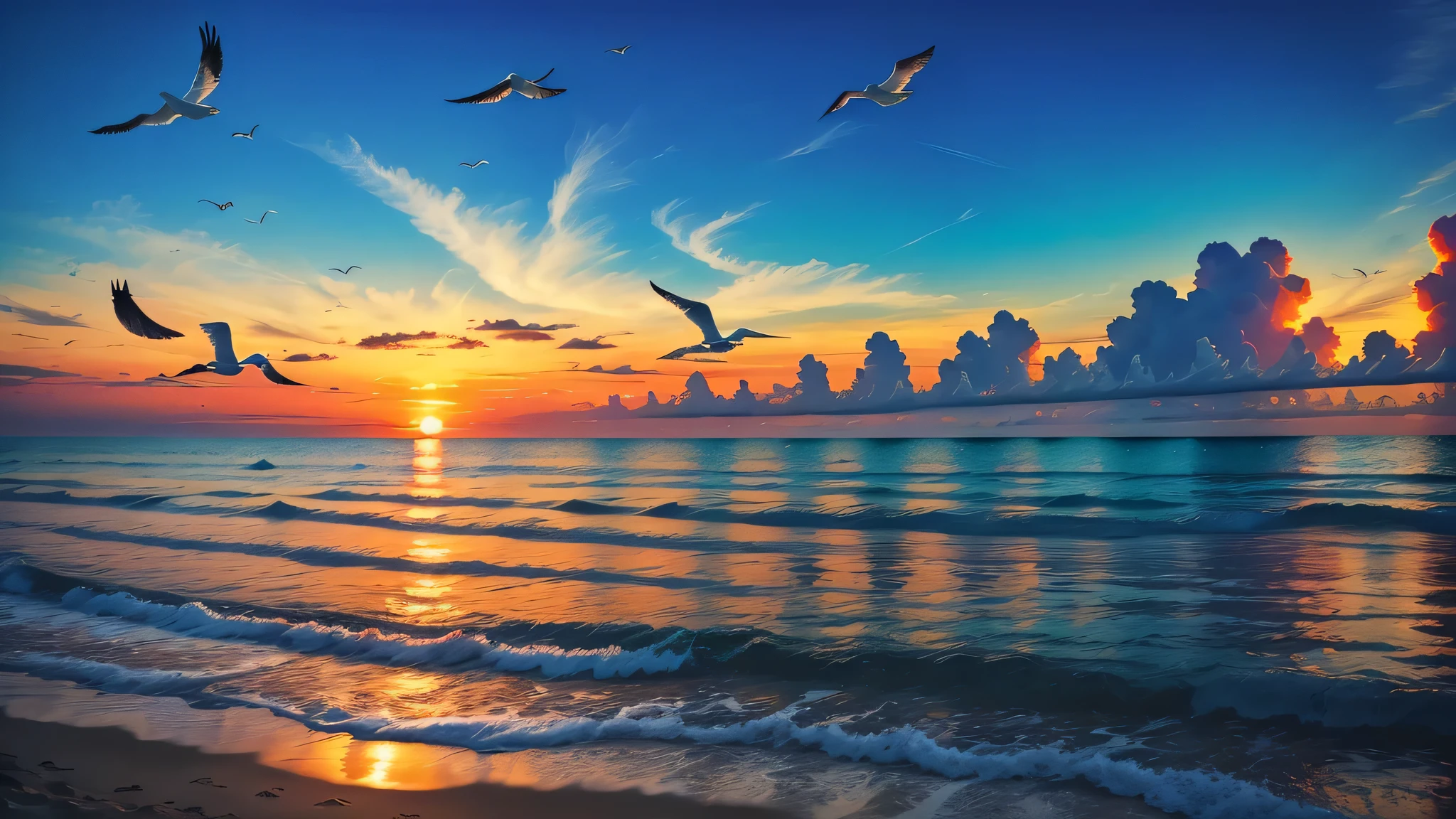 An absolutely mesmerizing sunset over the beach, with a blend of oranges, pinks, and yellows filling the sky. Crystal-clear waters of the sea gently kissing the shore, with sandy white beach stretching far and wide. The scene is dynamic and breathtaking, with seagulls soaring high in the sky and gently swaying palm trees. Take in the calming atmosphere and let the peacefulness wash over you.