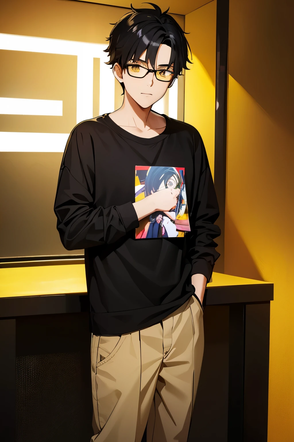 (best quality,highres,absurdres,masterpiece:1.2),1boy, yellow golden glowing eyes, black hair, casual outfit, glasses, ager, young boy, 15 y