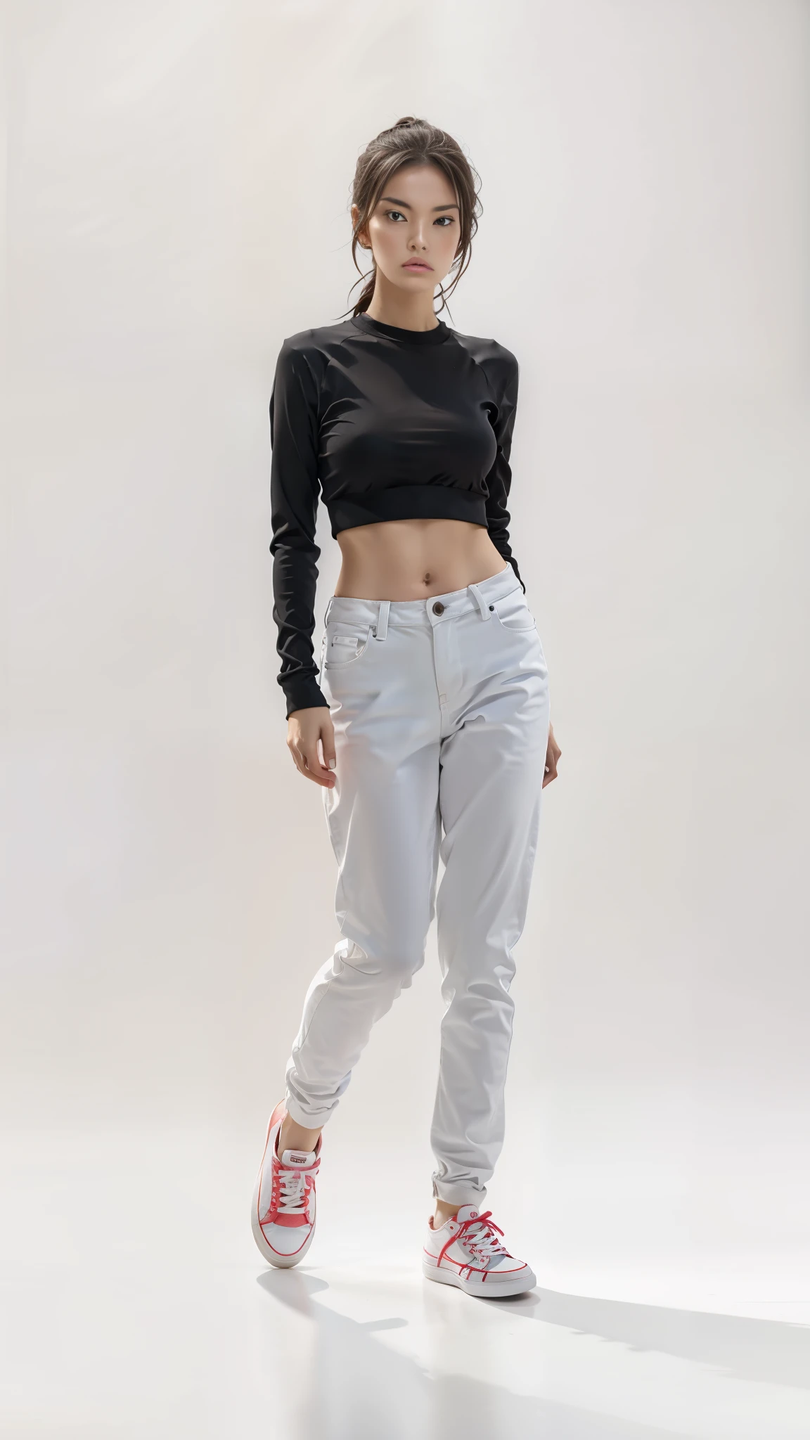 16K, Masterpiece, photorealism, A girl walks to her full height, a girl with dark long hair, a girl dressed in a white top, light jeans, white sneakers, white background,