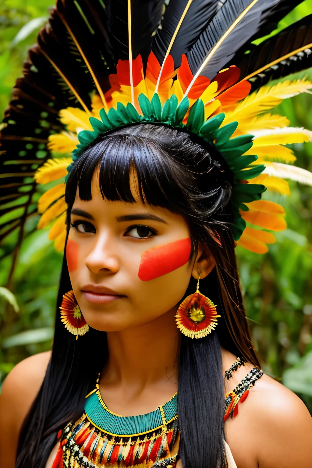 ((Foto CRU, melhor qualidade)), (Realista, fotorrealista:1.2). A beautiful indigenous girl in native costume with feathers and feathers on her head, Amazonian indigenous peoples in Brazil, linda jovem feminina brasileira nativa, Yanomami Indian in typical costumes,alta qualidade. amazon forest background.