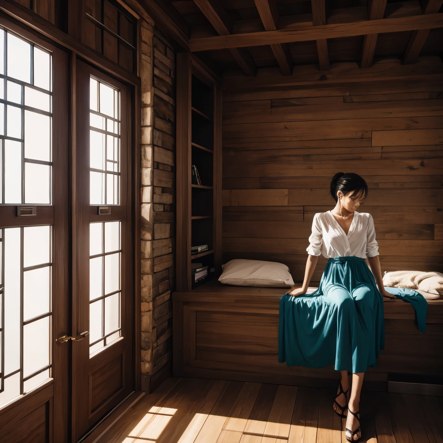 Highlights in the eyes、Portrait photos、After taking a bath、Eating popsicles with sticks、Rooms for single people、Grey sofa、Oversized T-shirt、dim room、Large window curtains、Refreshing breeze、japanaese girl