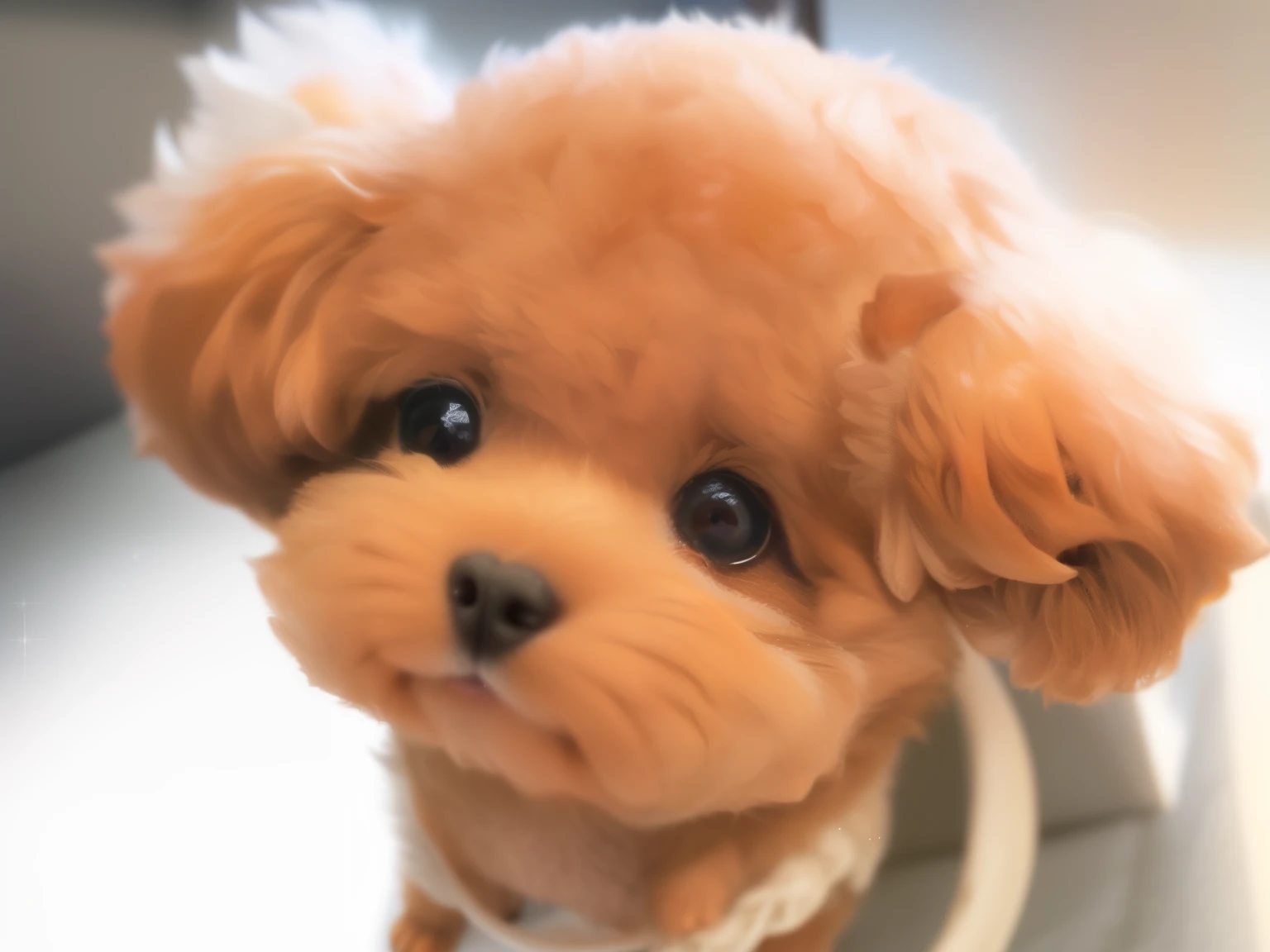A small brown dog sits on a white table, cute犬, kawaii cute犬, With cute doting eyes, 巨大なadorable目, huffy face, adorable人のクローズアップ, orange fluffy belly, cute big eyes, beautiful大きな目, fluffy orange skin, cute動物, I was kidding, small dog, beautiful、cute, 夢の動物のcute目, cute、adorable