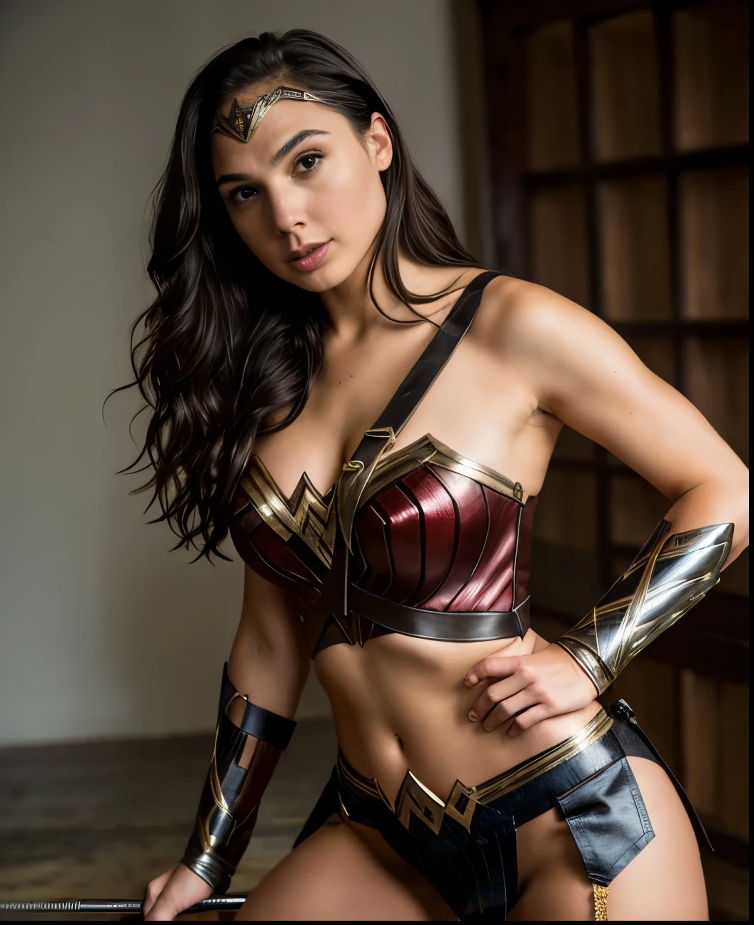 Foto RAW, RAW photograph of Gal Gadot, Diana prince, Extremely gorgeous lady, wearing wonder woman black armor suit,wonder woman crown on head,wide angle camera view, she a mature woman, big breasts, thick milf, hot body, back view, big booty , 40 years old Woman, body revealing costumes, skin pores, big natural breast, erotic costumes, lusty physique, seductive figure can capture every people's attention, revealing captivating figure, holding a sword in hand, she would rather fence than dance, world war background, (pele altamente detalhada: 1.2), 8k UHD, DSLR, soft-lighting, alta qualidade, grain of film, Fujifilm XT3, flawless picture, highly detailed, detailed Beauty, intricate, 32k, sharp picture,
