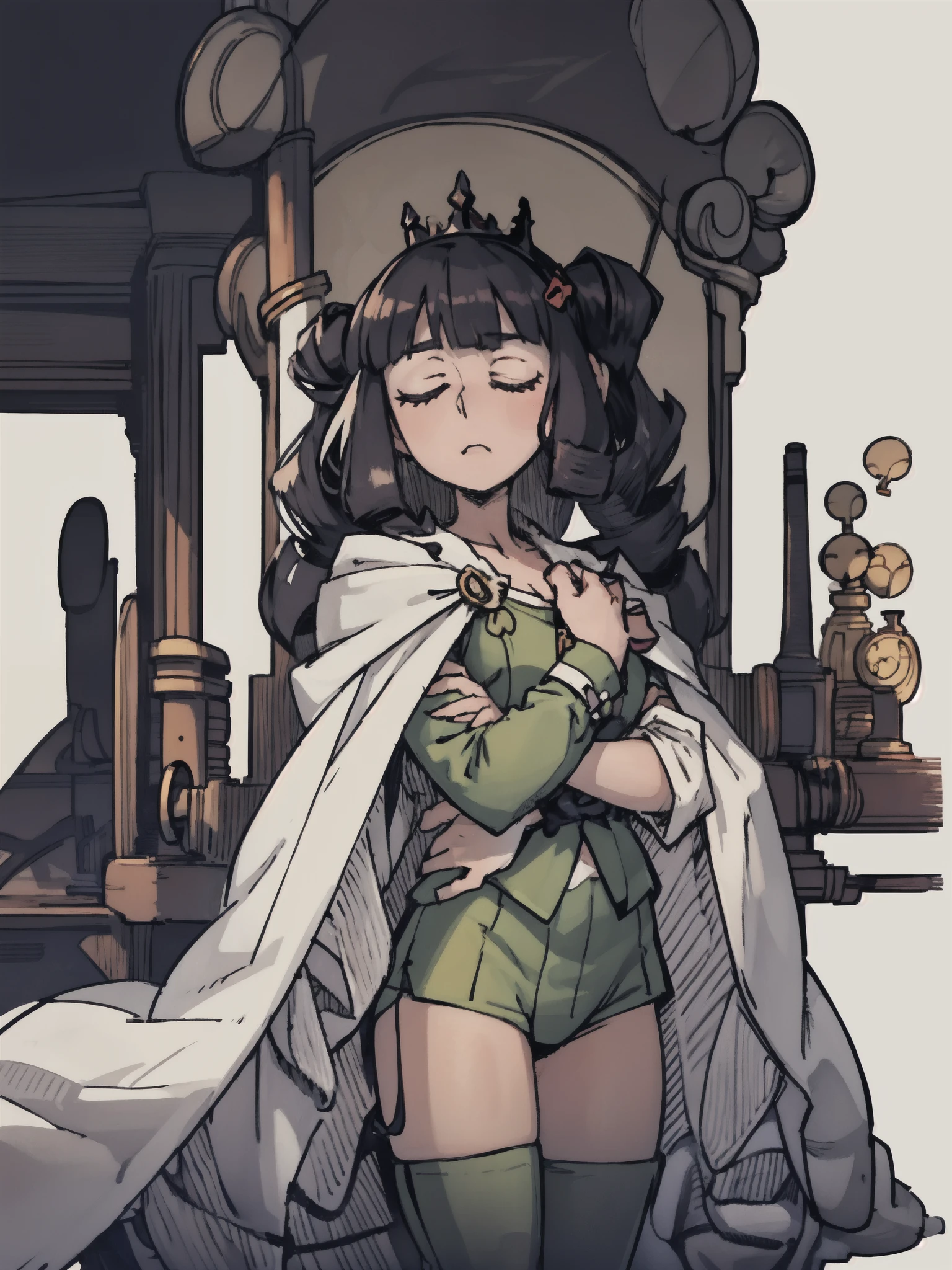 ((a woman，懒惰Princess，drill hair, green pajamas，white cloak，Holding a throw pillow)),front,Half body,black hair，Princess，temperament，beauty，Mature，sleepy，Boom，Different world，middle Ages，White background