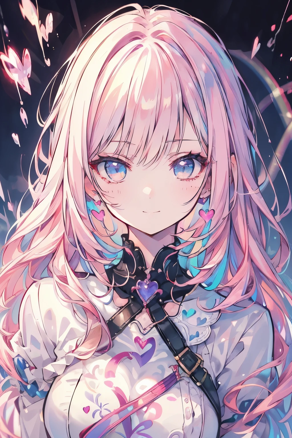 long straight hair,  glowing skin, , {Highly detailed 16K CG uniform wallpaper}, vast landscape photography, (highlight: 1.2), (weak light:1.6), (warm light source: 1.2), intricate details, (rainbow heart: 1.5), (bright lighting), (atmosphere lighting), alone、pink hair、smile
