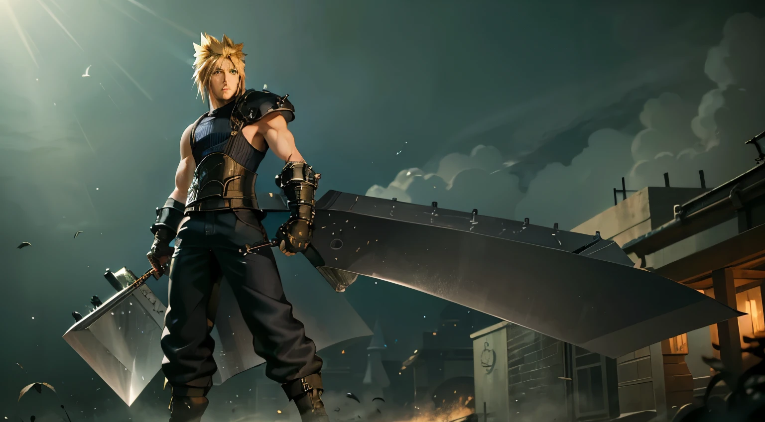 high quality, 8k, Ultra detailed illustration of Cloud Strife from Final Fantasy 7, digital illustration in anime style, holding a sword, full body shot, spiky-haired, Buster Sword-wielding, dark background with smoke, steampunk city in the distance, dynamic composition, 3d render, pauldron, gauntlet, and straps, sleeveless, reflective ground, octane render, facing backwards, very cool pose, green rim light, dark feathers flying, trending on artstation, high detailed face, mysterious, painterly style, in ross draws style, full body shot, big buster sword, Sephiroth in the foreground holding a sword but cropped to convey mystery, tension in the hair, the world is collapsing around them, dark feathers flying around, particle effects, smoke effects, ross draws, incredible color
