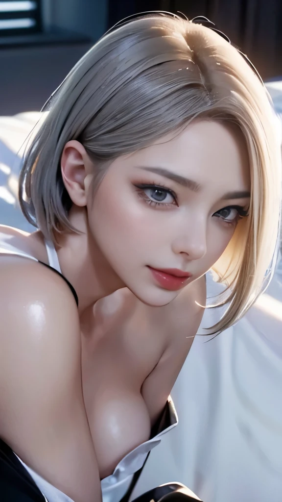 (((NSFW1.5)))((highest quality)), ((masterpiece)), perfect face，A face that looks comfortable, big breasts，silver hair，shortcut,revealing clothing，thin waist,1 girl,