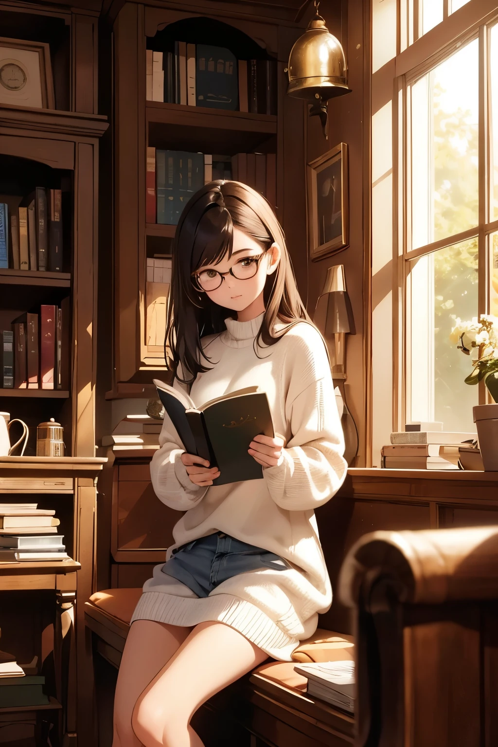 A girl with glasses perched on her nose, clad in a white sweater, sits in the heart of a sunlit room filled with warmth and radiance. Surrounded by sun-drenched corners and inviting nooks, her legs cross comfortably as she engrosses herself in the pages of a well-loved book. The serene ambiance is further enriched by the presence of a vintage red, old-fashioned dial and an intriguing assortment of books stacked neatly on the shelves behind her. Intricate rays of sunlight beam in through the room, favourably adorning the scene with a real light photo effect that breathes life into every detail
