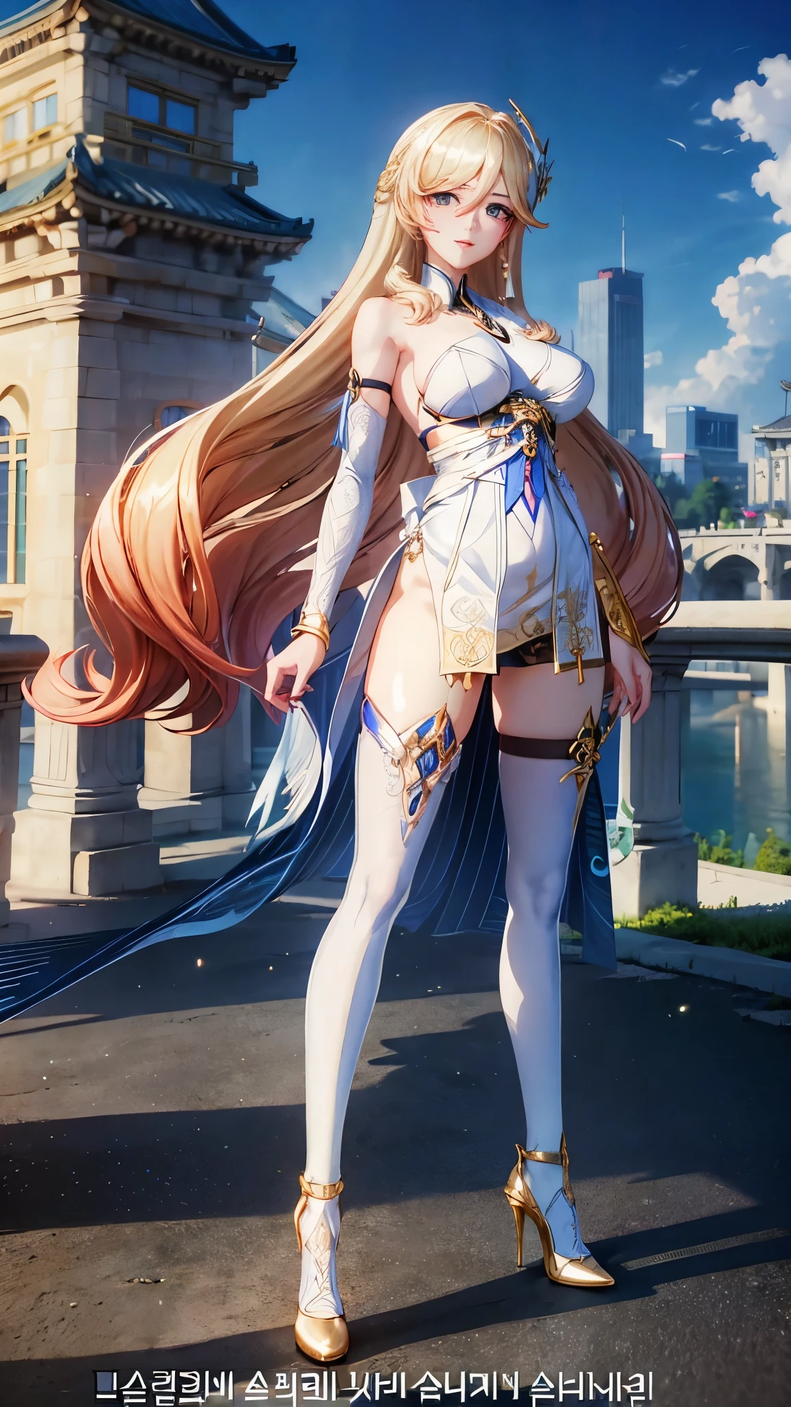 official art, masterpiece, sharp focus, (beautiful gorgeous cute Korean woman:1.3), (beautiful cute korean:1.3), korean beauty, Delicate and beautiful hair and eyes and face, ultra detailed, beautiful girl, blue sky, glow white particle, (sidelighting:1.2), sun light, white cloud, detailed clouds, Lovely very large breasts and very large hips, smile with teeth, ((smile with eyes, open both eyes)), scenery, long hair, sexy facial expression, building, (cityscape:1.3), dynamic hair, long straight hair, detailed blonde hair, glow blue eyes, (white long stockings:1.2), (golden high heels:1.4), pale skin, hair ornament, epic scenery, (standing:1.4), (full body:1.5)

