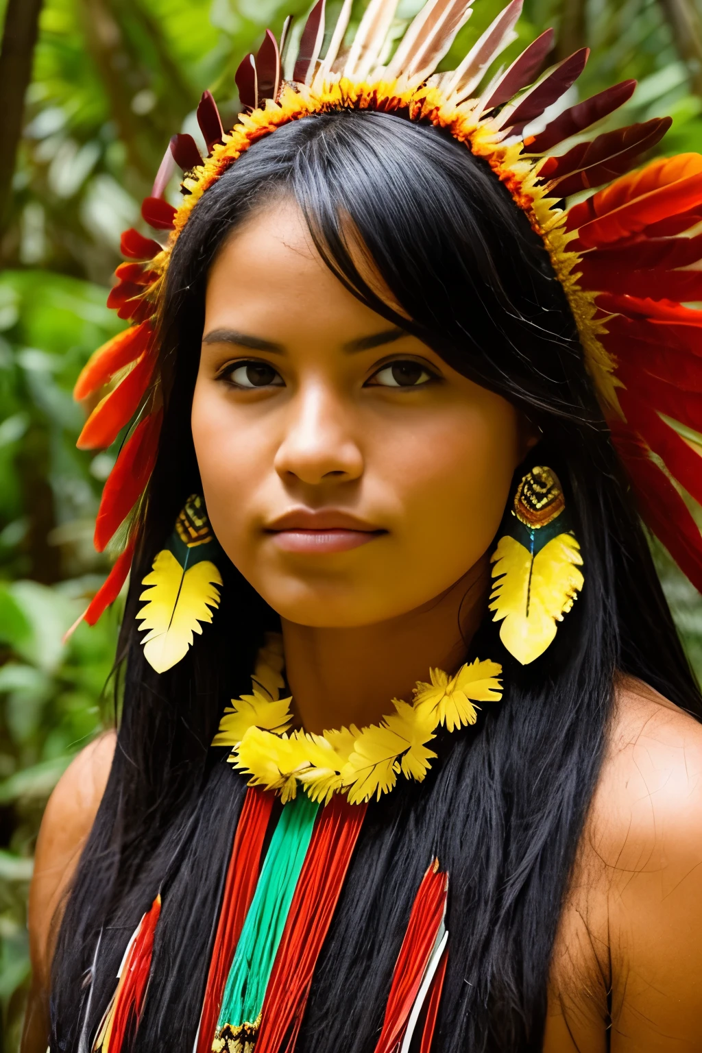 ((Foto CRU, melhor qualidade)), (Realista, fotorrealista:1.2). A beautiful indigenous girl in native costume with feathers and feathers on her head, Amazonian indigenous peoples in Brazil, linda jovem feminina brasileira nativa, Yanomami Indian in typical costumes,alta qualidade. amazon forest background.