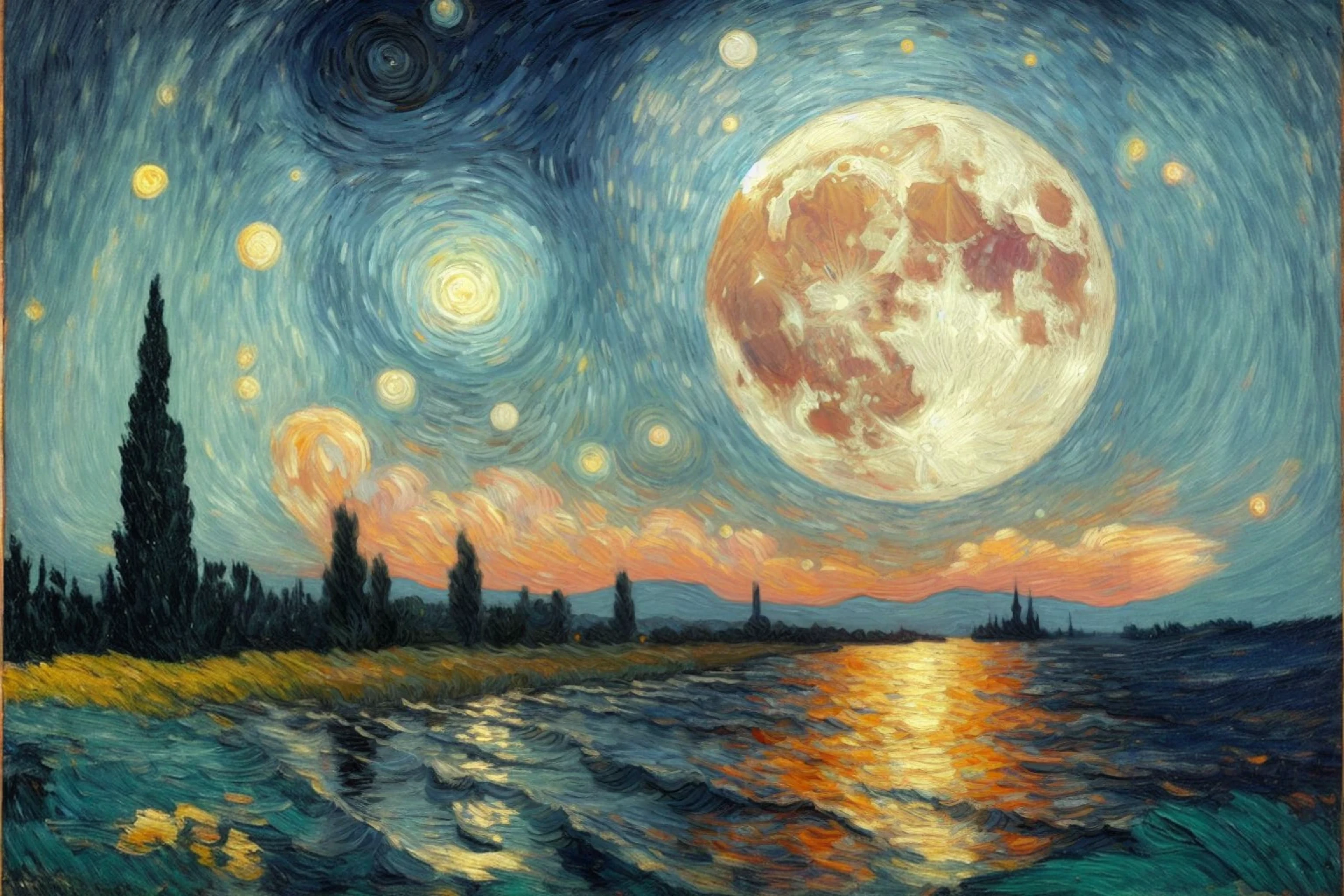big bright moon upon the river. the reflection. Van Gogh Painting Style. Oil on Canvas. Art.