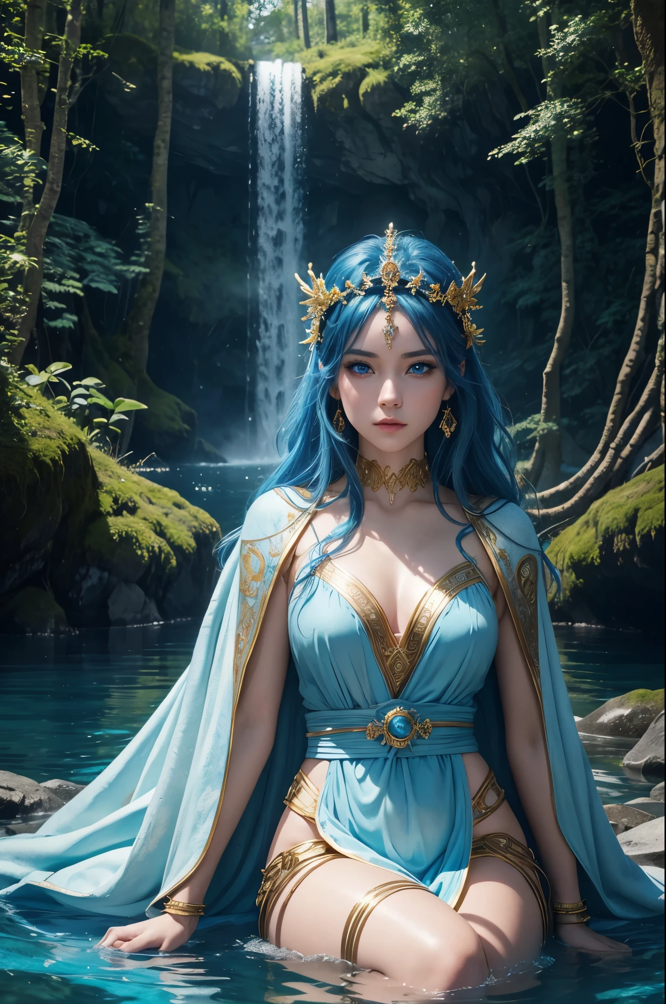 8K,goddess of water,Super beautiful(like the real thing),blue makeup,blue rouge,light blue eyes,clear white skin,luxurious blue water robe,golden decoration,golden hair ornament,masterpiece,Photorealistic RAW photos of the highest quality。bright colors,rich colors, Backlight, cinematic lighting, film grain, to be born, 50mm lens, Nikon D850,detailed character art,fantasy art,ultra high resolution,Super realistic,view audience,fantasy,beautiful expression,view audience,