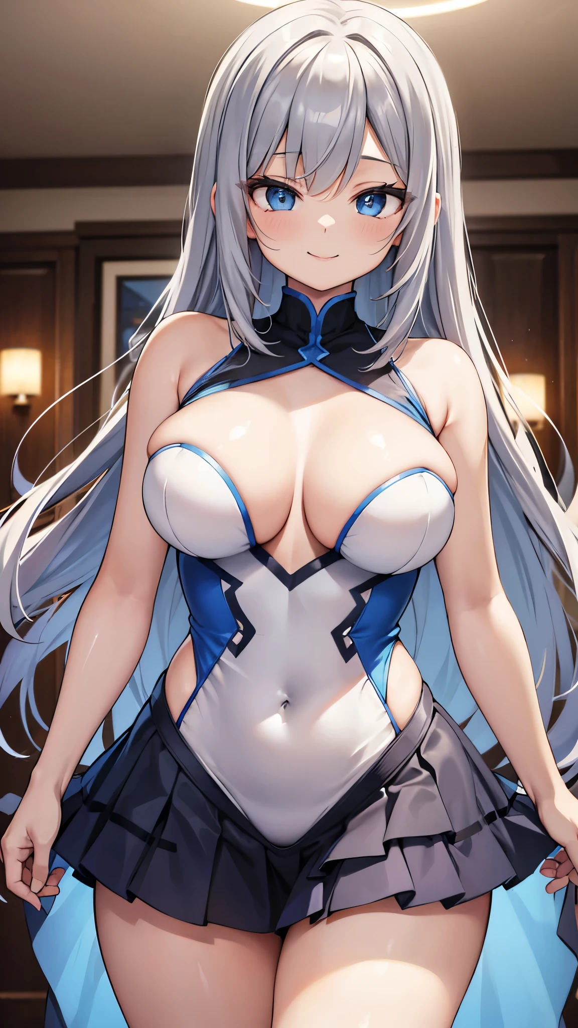 bright colors, sexy dress, Thick, breasts, hips, sharp focus, best quality, depth of field, cinematic lighting, gray hair, indoors, long hair, blue eyes, smile, good,