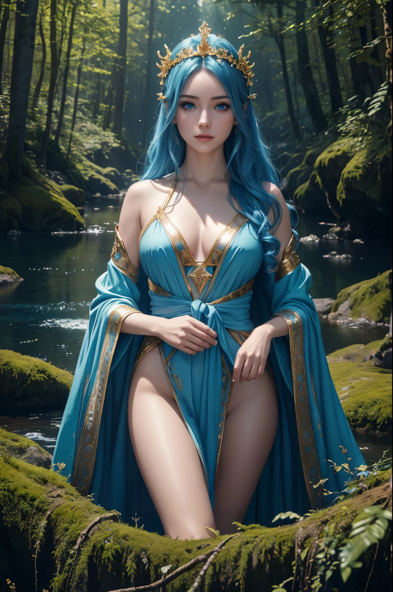 8K,goddess of water,Super beautiful(like the real thing),blue makeup,blue rouge,light blue eyes,clear white skin,luxurious blue water robe,golden decoration,golden hair ornament,masterpiece,Photorealistic RAW photos of the highest quality。bright colors,rich colors, Backlight, cinematic lighting, film grain, to be born, 50mm lens, Nikon D850,detailed character art,fantasy art,ultra high resolution,Super realistic,view audience,fantasy,beautiful expression,view audience,