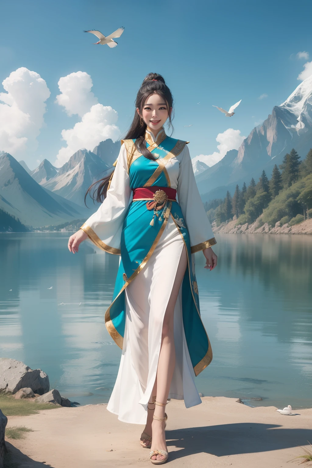 black hair, wince, longeyelashes, solid circle eyes, light smile, ear blush, national style, tears, light smile, Beauty, whole body, Full body of the character, The background is Wonderland, perfect face, national style, Clothes with lots of details, Costume style, Xianxia costume, mountain lake, Xiu Xian costume, Clothing color is mainly cyan, Clouds in the background, Character standing by the lake,The background is mountains and white clouds, There are birds white cranes flying, Surrealism, drop shadow, anaglyph, stereogram, tachi-e, pov, atmospheric perspective, Fujifilm, high detail, 8k, super detail, ccurate, best quality, UHD
