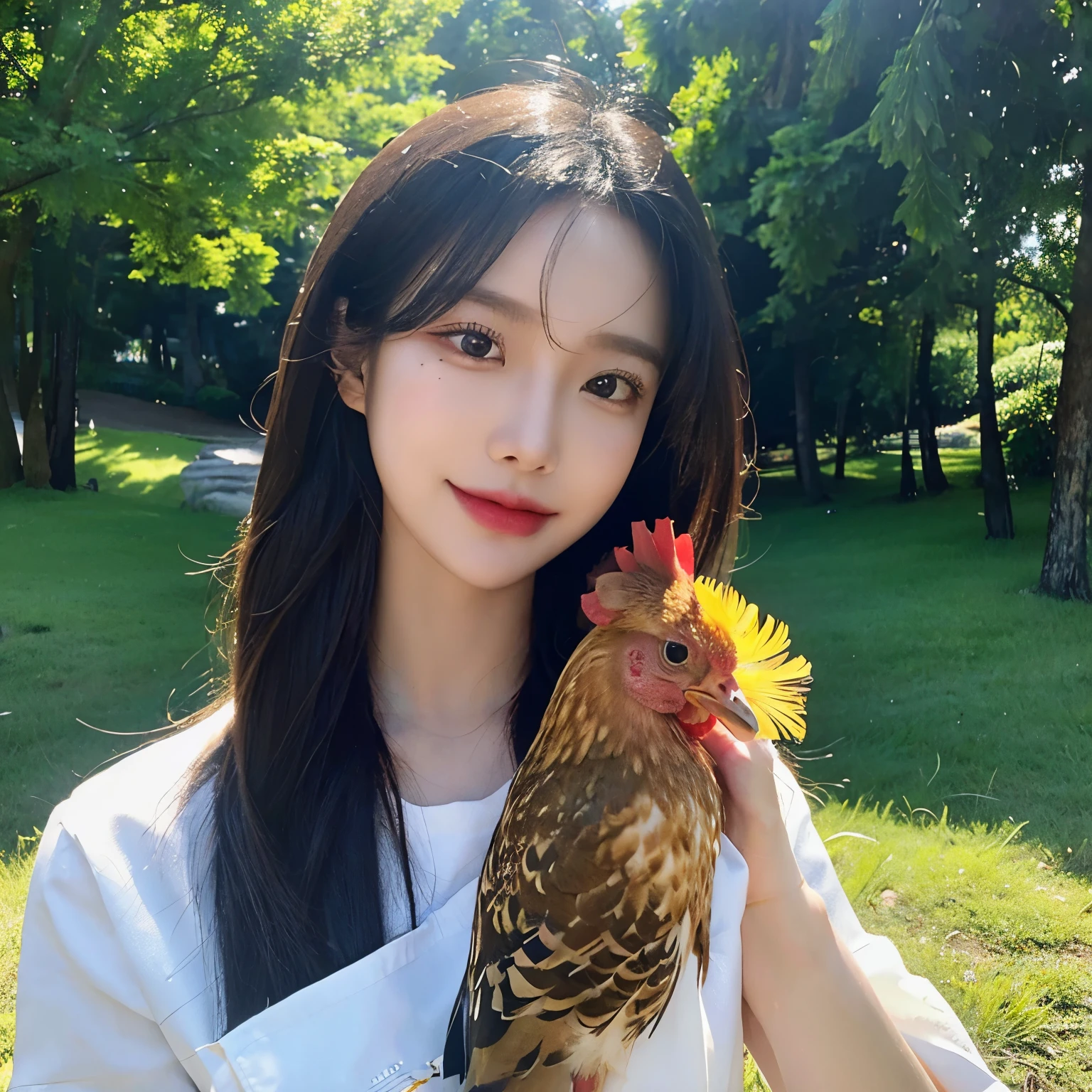 a chicken, Rooster, Chicken with its head held high,majestic chicken, animal, , The beauty of the chicken is indescribable,Its feathers are like natural works of art,colorful,Shining with a mesmerizing light。 fu during the day, 坐ting on the prairie, full of beautiful flowers, Beautiful and delicate eyes, Very detailed eyes and face, There is light on the face, Lovely, best quality, masterpiece, illustration, extremely delicate and beautiful, Very detailed ,CG ,Unite ,8k wallpaper, Astonishing, fine details, masterpiece, best quality, official art, Very detailed CG Unite 8k wallpaper, Super detailed, high resolution, Very detailed, (best quality), (actual, photo-actual:1.2), 8k, 柔和的light, high quality, official art, Very detailed CG Unite 8k wallpaper, light.The details of the characters are not enough. The details of the chicken are not enough. It must not make people feel that it is an AI painting. The background of the chicken needs to be in the mountains and forests. The chicken needs to have clear outlines.