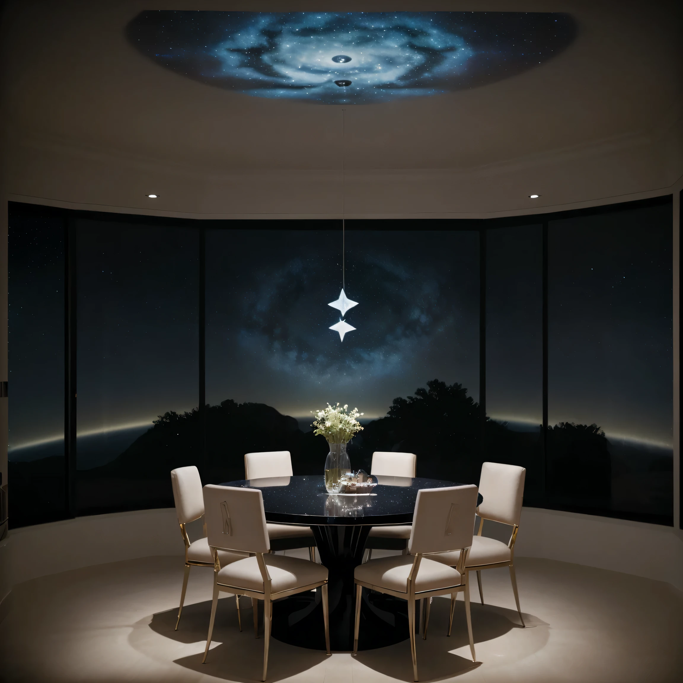 Step into a modern dining room transformed into a celestial haven, illuminated by the enchanting glow of a Galaxy Star Projector LED Night Light. The space is bathed in a soft, ethereal radiance, with stars and galaxies casting their mesmerizing light across the walls and ceiling. Sleek and minimalist furniture adorns the room, creating a chic and contemporary ambiance that perfectly complements the cosmic display. As guests gather around the dining table, they are enveloped in the celestial atmosphere, their conversations infused with wonder and awe. Each bite of food is savored amidst the twinkling stars, creating a dining experience unlike any other. Captured by Mario Testino with a Canon EOS R6 and a 35mm lens, the lighting adds a touch of magic to the scene, elevating the dining room into a realm of fantasy and imagination