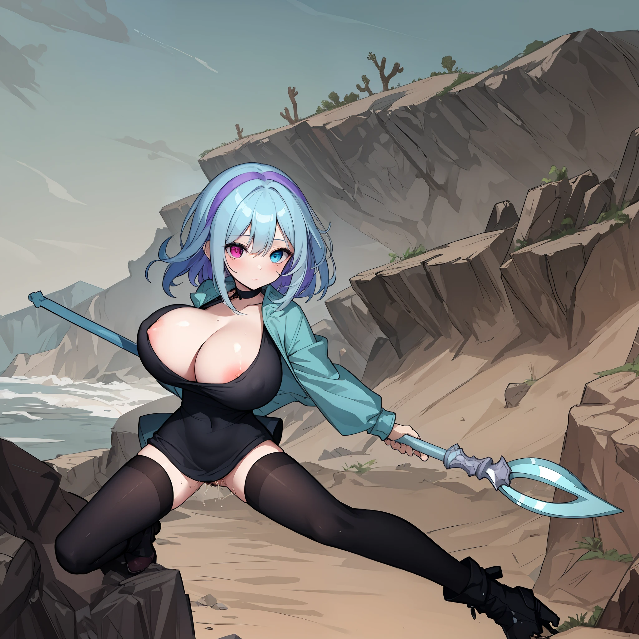 1 skinny girl, solo, light blue hair, (red and purple heterochromia), (red left eye and dark purple right eye:1.4), bending back, looking at viewer, BREAK, black plunging neckline short dress, dark yellow cropped jacket, black thighhighs, BREAK, (bouncing unaligned huge breasts:1.5), cleavage, very short torso, (inconceivably narrow waist), thin long legs, BREAK, holding a spear, BREAK, nsfw, (show off crotch:1.4), (excessive pussy juice:1.3), BREAK, desert, desert storm, strong wind, rocks at background