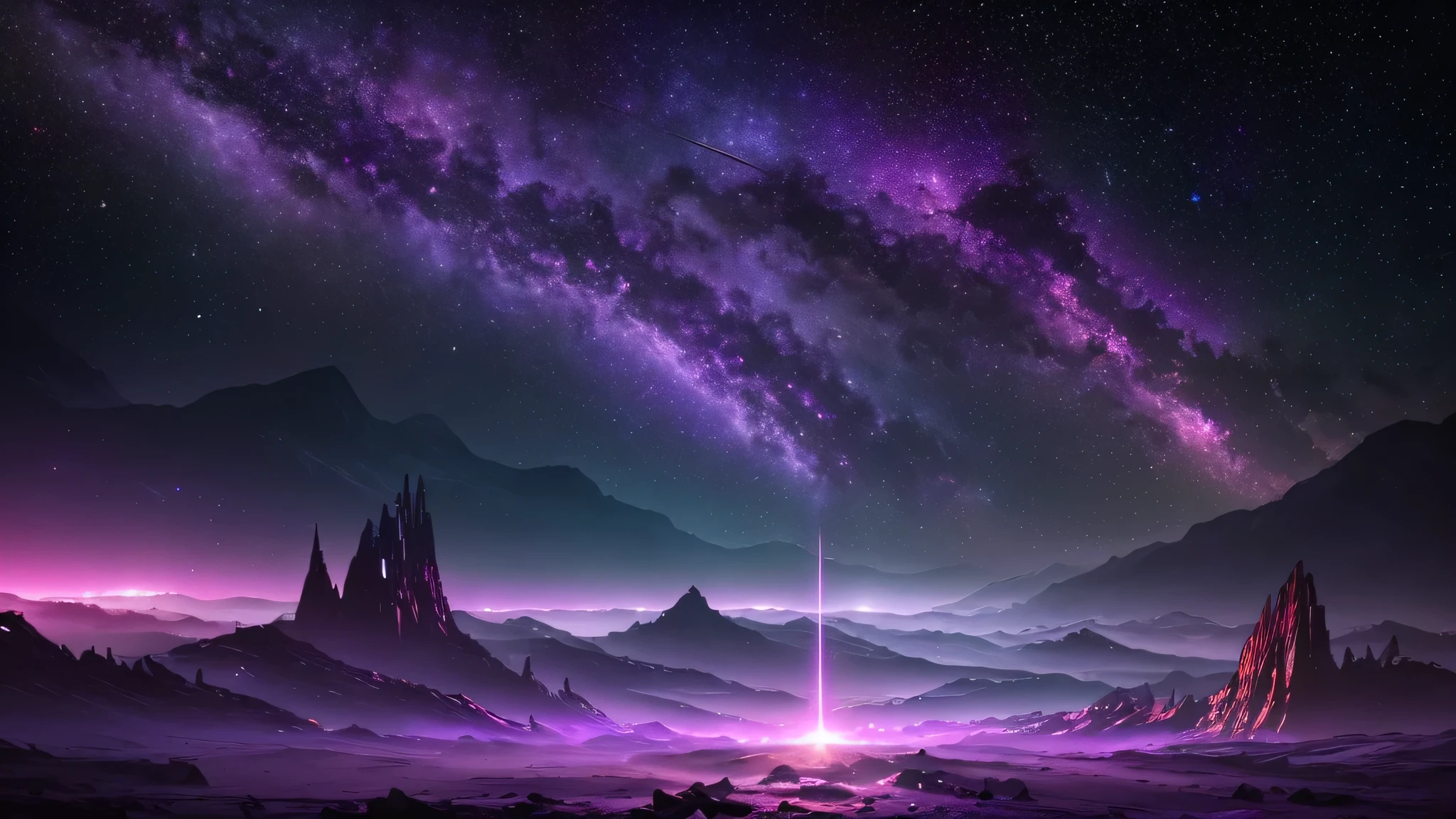 A galaxy of purple suns, milky way, universe, planets, comets, asteroids (best quality, 4k, highres, masterpiece:1.2), ultra-detailed, (realistic, photorealistic, photo-realistic:1.37), HDR, UHD, studio lighting, ultra-fine painting, sharp focus, physically-based rendering, extreme detail description, professional, vivid colors, bokeh, portraits, landscape, horror, anime, sci-fi, photography, concept artists, vibrant shades of purple, ethereal glow, celestial lighting.