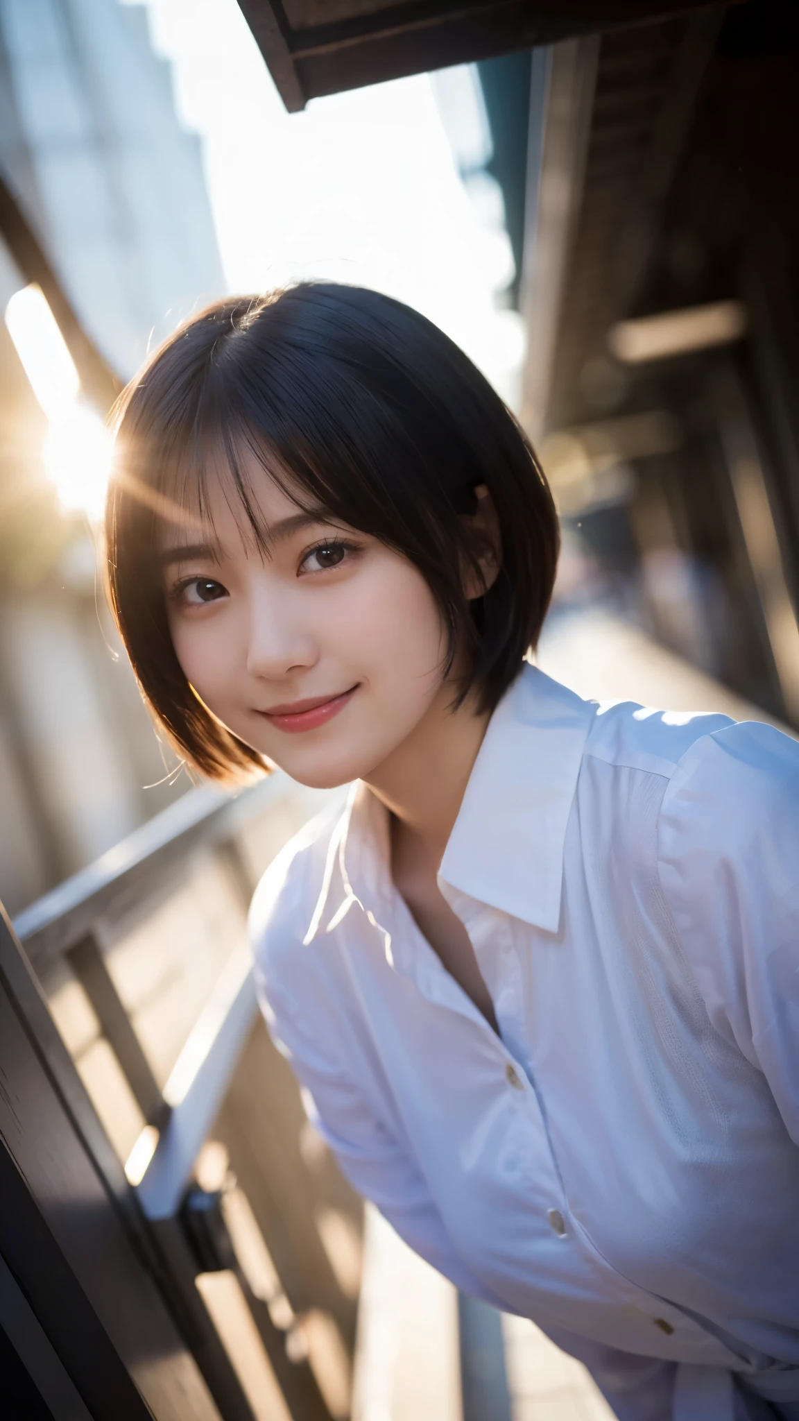 (highest quality,masterpiece:1.3,ultra high resolution),(Super detailed,caustics,8k),(photorealistic:1.4,RAW shooting),1 girl,(look at the camera with a smile),20-year-old,cute,Japanese,black hair short cut,long sleeve blouse,big ,bust up shot,street,face focus,Natural light,Backlight,(A bright light shines from above),(Lens flare),professional writing,(low position),(Low - Angle)