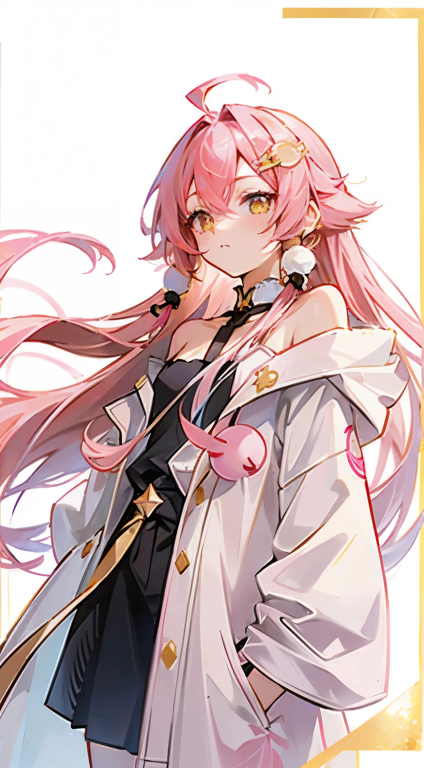 ((pink hair)),long hair,Ahoge,(Twin Dango Hair),Star Hair Clip,((golden eyes)),white coat,open coat,off shoulder