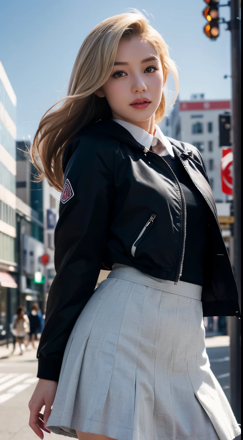 Hair blowing in the wind、flip-up skirt、marilyn monroe skirt、female university student、moncler women down jacket、highest quality、Ginza town、Bokeh、super strong wind、