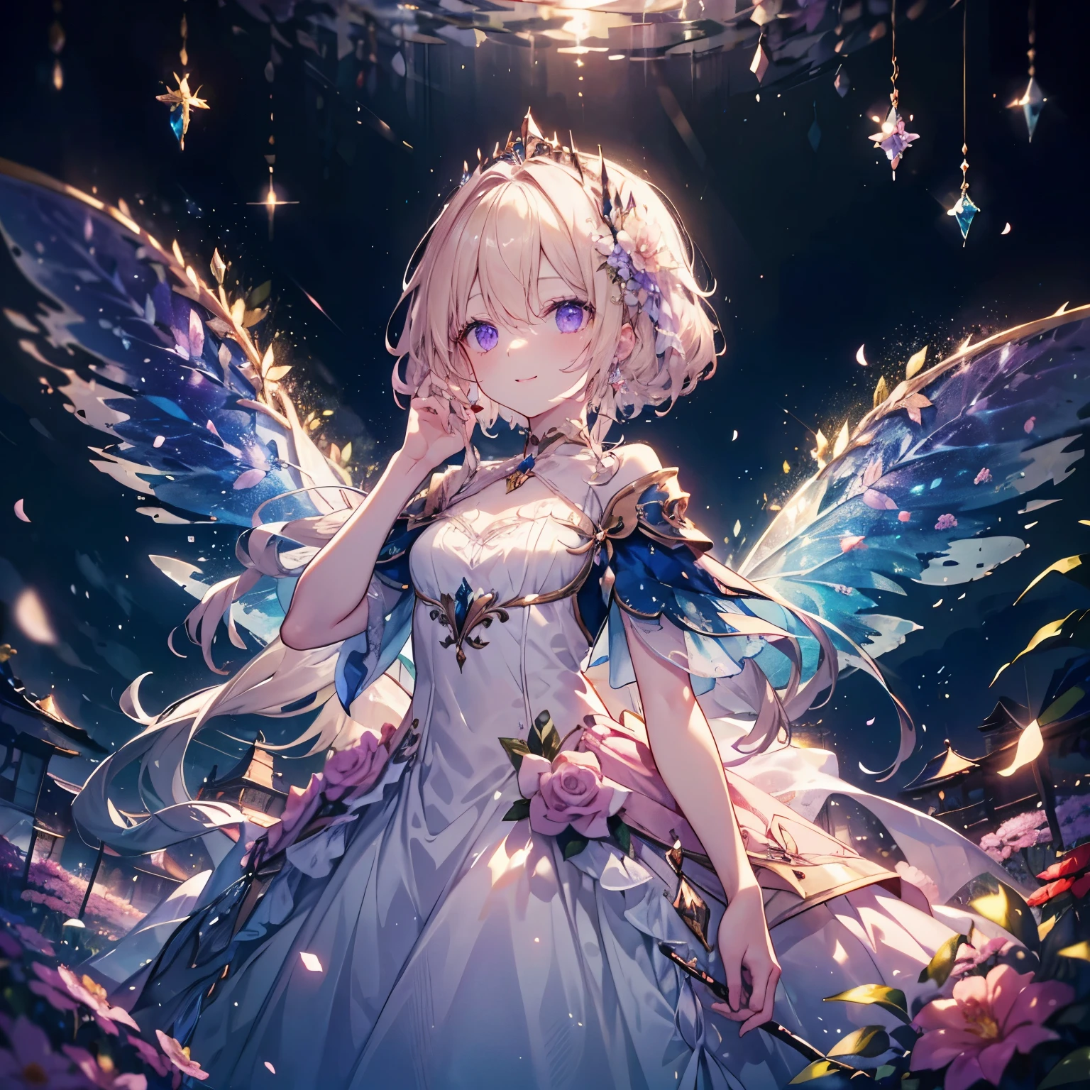 (highest quality, masterpiece, Super detailed, very detailed, exquisite, 16k,Full HD),dramatic lighting,moonlight, soft lighting, ((alone:1.5)),From the side,beautiful night sky,starry sky,meteor,From above,((head shot)),wake up,large amount of flowers,The entire screen is surrounded by flowers,(Crystal Forest),(fairy princess, purple eyes, long eyelashes,white skin,slim,Pale pink lip,pale pink cheeks, blonde,thin and long,(thin and high nose,small nose),(腰の少しFrom above巨大な妖精の羽),diamond tiara,diamond earrings,Diamond Choker,white ball gown dress with diamonds, lace and ruffles,(laughter), (fantasy, romantic atmosphere), magic light,